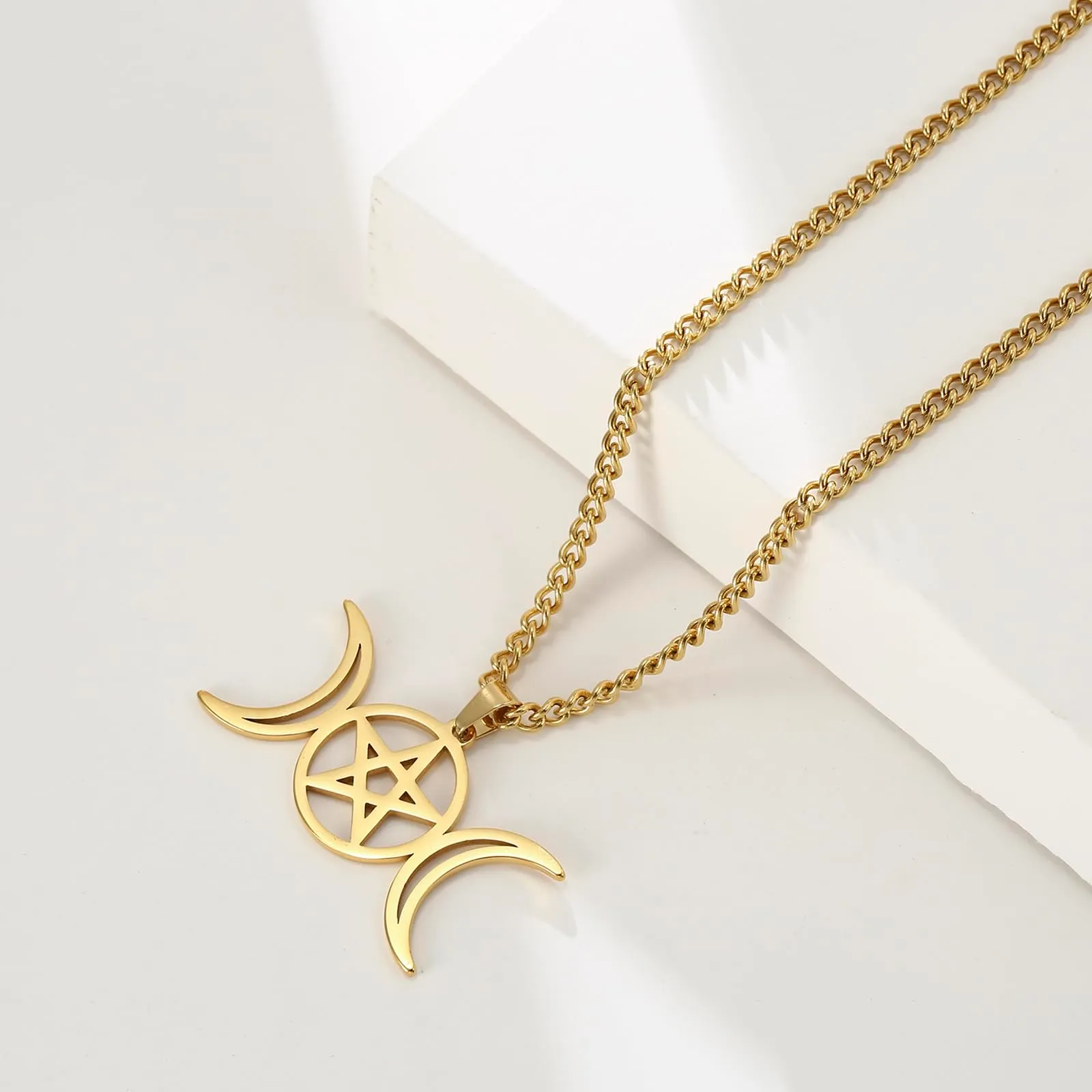 Vassago Collana con Amulet Triplo con Luna e Pentacolo, Collana di Gioielleria Wicca in Acciaio Inossidabile, Acciaio inossidabile - immagine 3