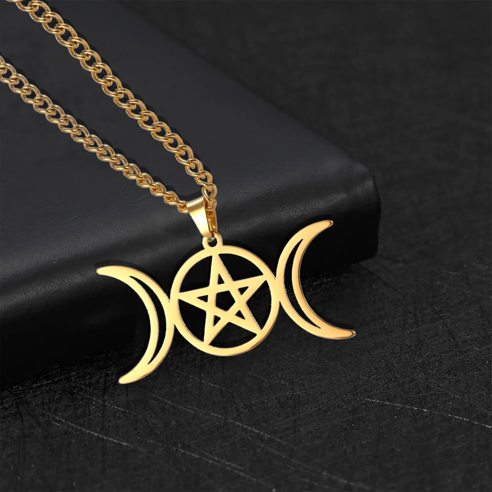 Vassago Collana con Amulet Triplo con Luna e Pentacolo, Collana di Gioielleria Wicca in Acciaio Inossidabile, Acciaio inossidabile - immagine 4