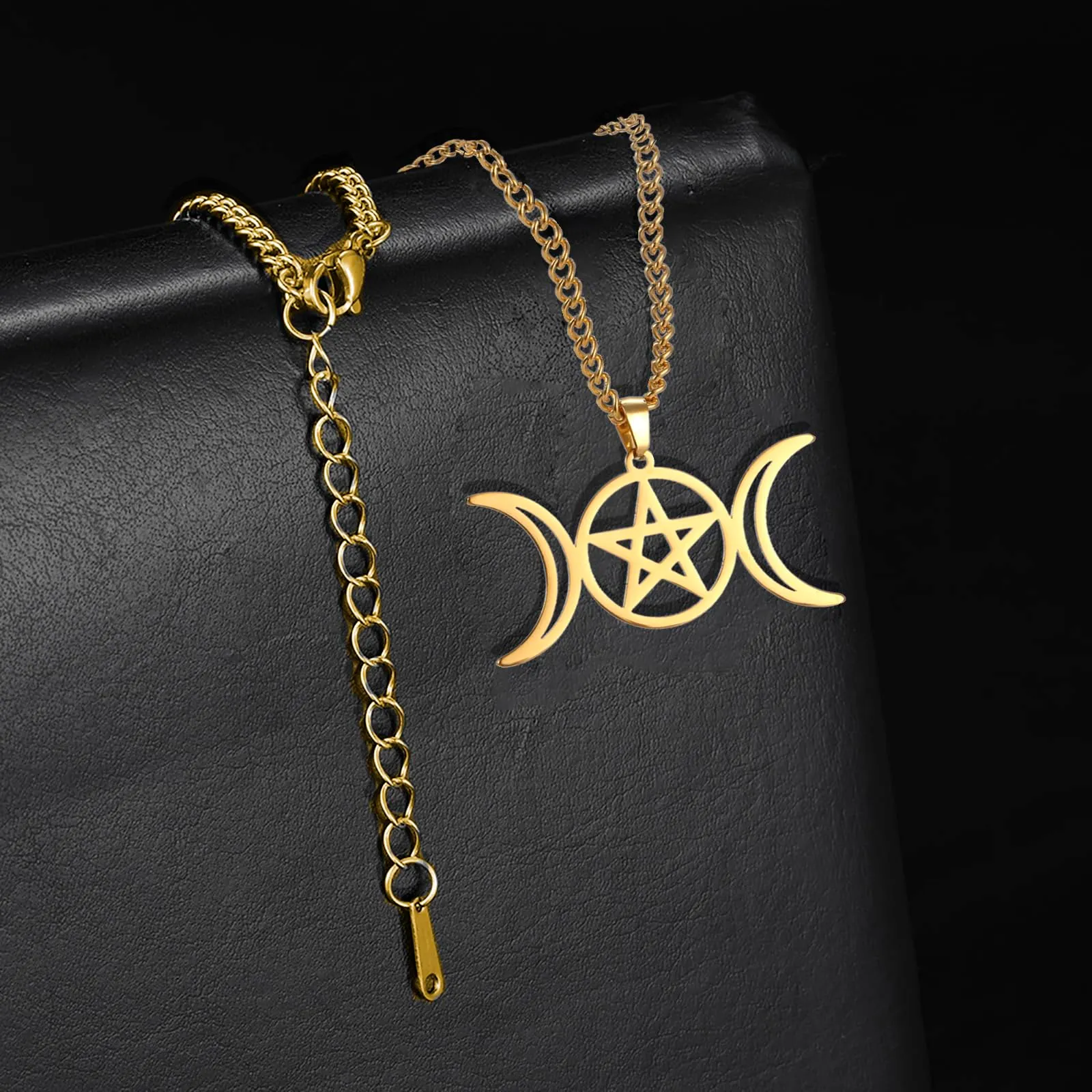 Vassago Collana con Amulet Triplo con Luna e Pentacolo, Collana di Gioielleria Wicca in Acciaio Inossidabile, Acciaio inossidabile - immagine 5