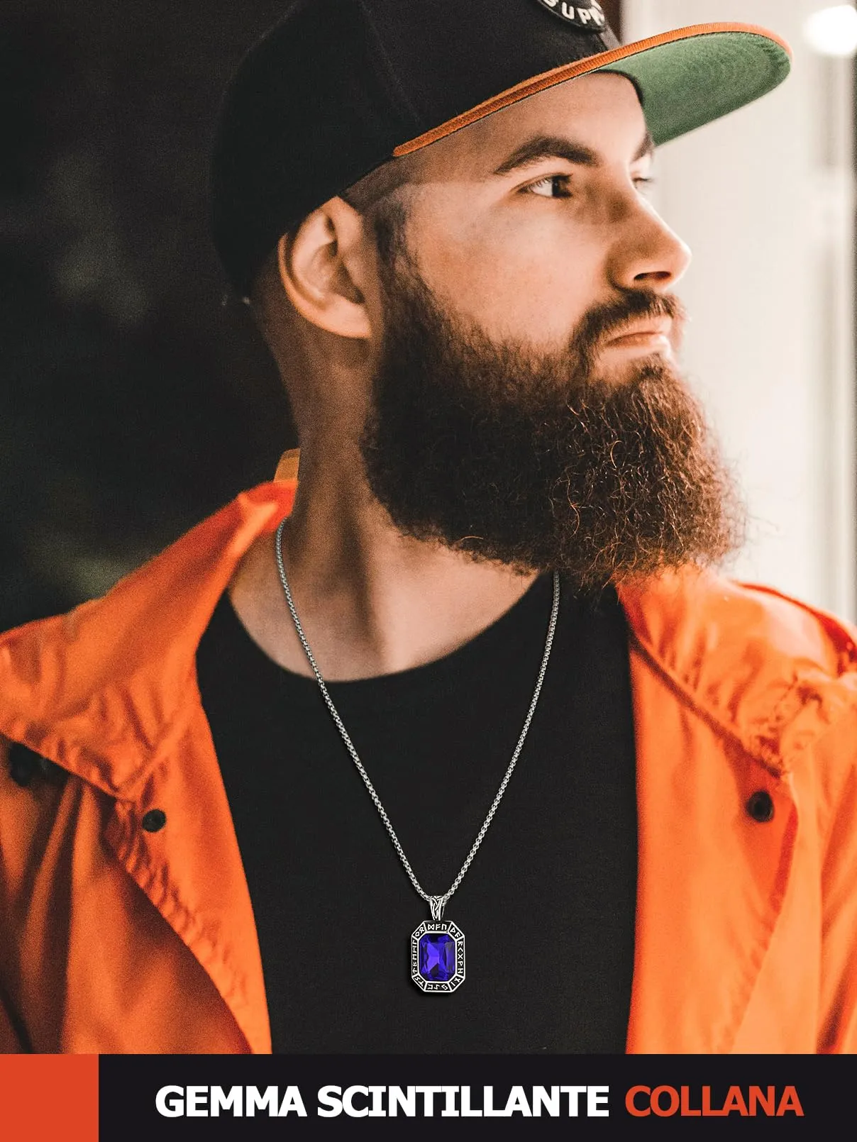 FaithHeart Collana Uomo Vichingo Pendentivo in Ottagono Cristallo Rosso Smeraldo Ossidiana con Rune Vichinghe Accessorio Moda Unico Perfetto per Regalo Stile Personale - immagine 2
