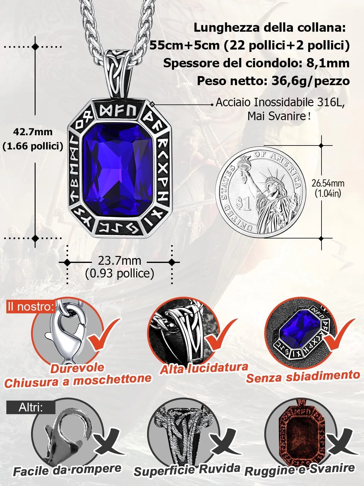 FaithHeart Collana Uomo Vichingo Pendentivo in Ottagono Cristallo Rosso Smeraldo Ossidiana con Rune Vichinghe Accessorio Moda Unico Perfetto per Regalo Stile Personale - immagine 3