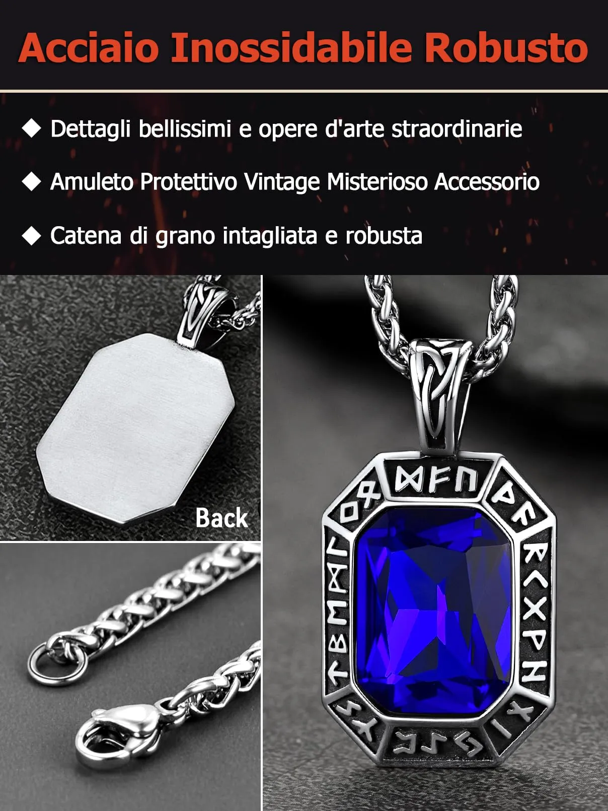 FaithHeart Collana Uomo Vichingo Pendentivo in Ottagono Cristallo Rosso Smeraldo Ossidiana con Rune Vichinghe Accessorio Moda Unico Perfetto per Regalo Stile Personale - immagine 6