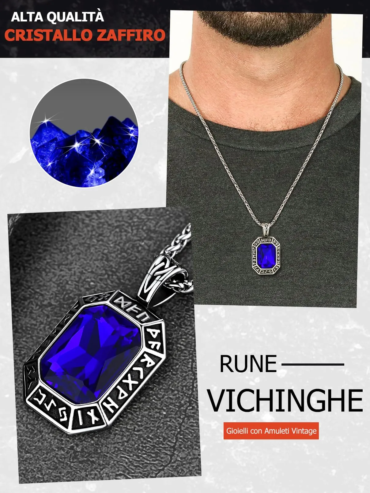 FaithHeart Collana Uomo Vichingo Pendentivo in Ottagono Cristallo Rosso Smeraldo Ossidiana con Rune Vichinghe Accessorio Moda Unico Perfetto per Regalo Stile Personale - immagine 7