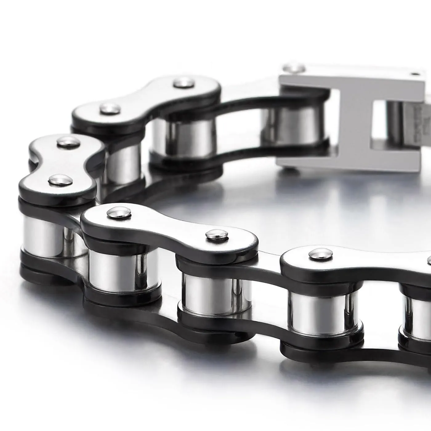 COOLSTEELANDBEYOND Maschile Uomo Catena di Bicicletta Moto Bracciale da Acciaio Inossidabile, Moto Catena, Nero Argento Due Toni - immagine 4