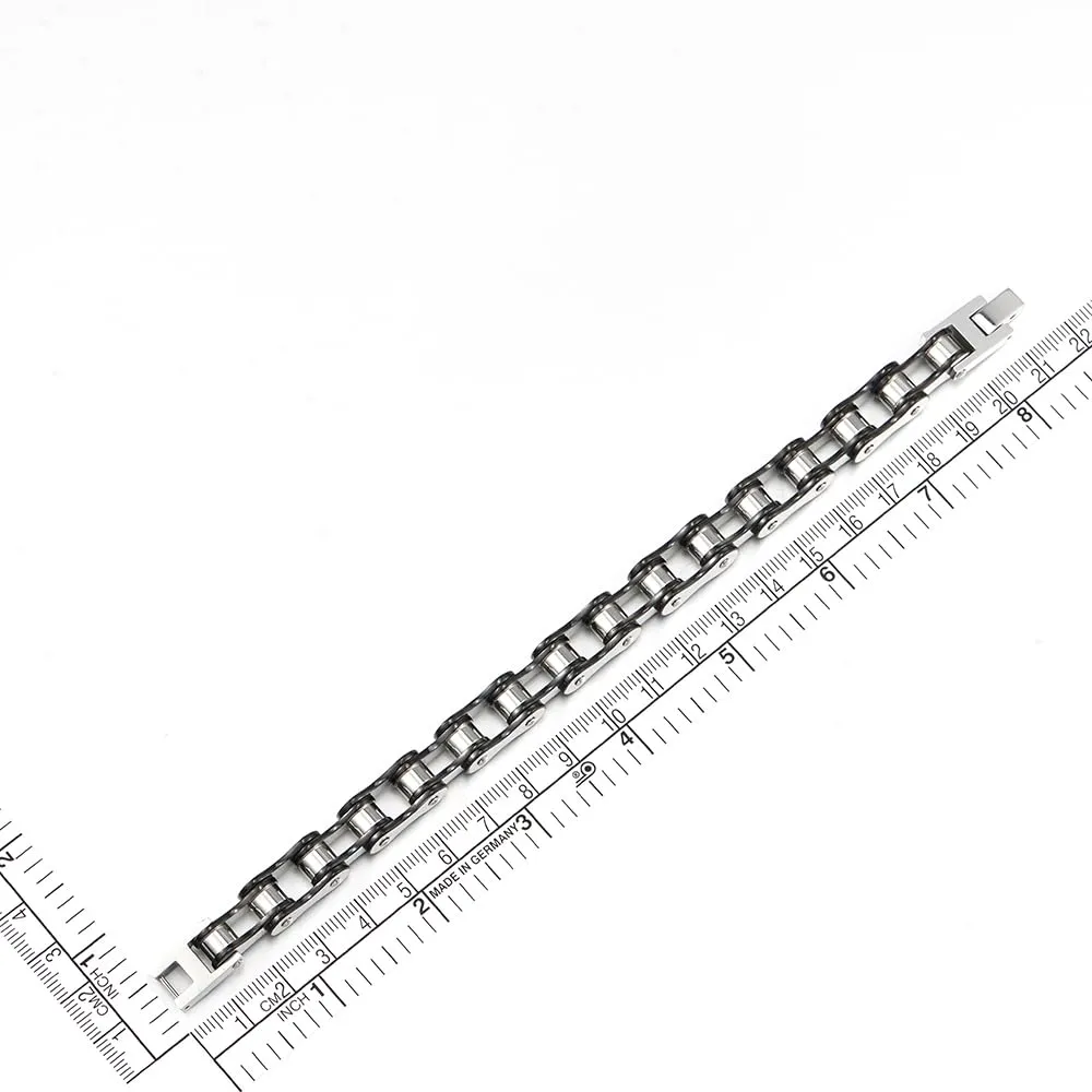COOLSTEELANDBEYOND Maschile Uomo Catena di Bicicletta Moto Bracciale da Acciaio Inossidabile, Moto Catena, Nero Argento Due Toni - immagine 5