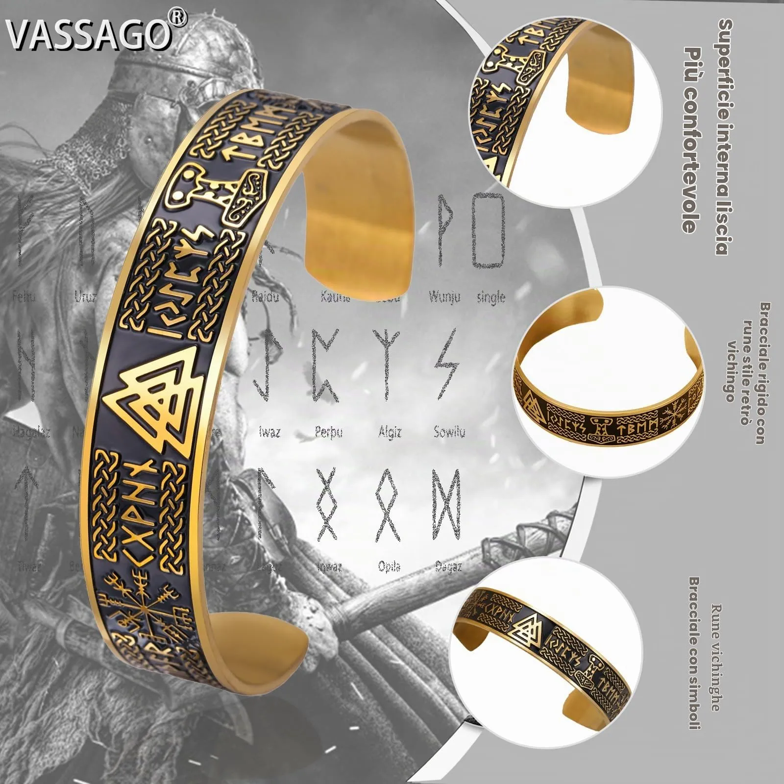 VASSAGO Bracciale Vichingo per Uomini dFonne Rune Norrene Mjolnir Vegvisir Bussola Triskele Valknut elmo di Soggezione Nodo Celtico Triquetra Amuleto Bracciale Bbangle Gioielli (Bracciale Viking-G) - immagine 3