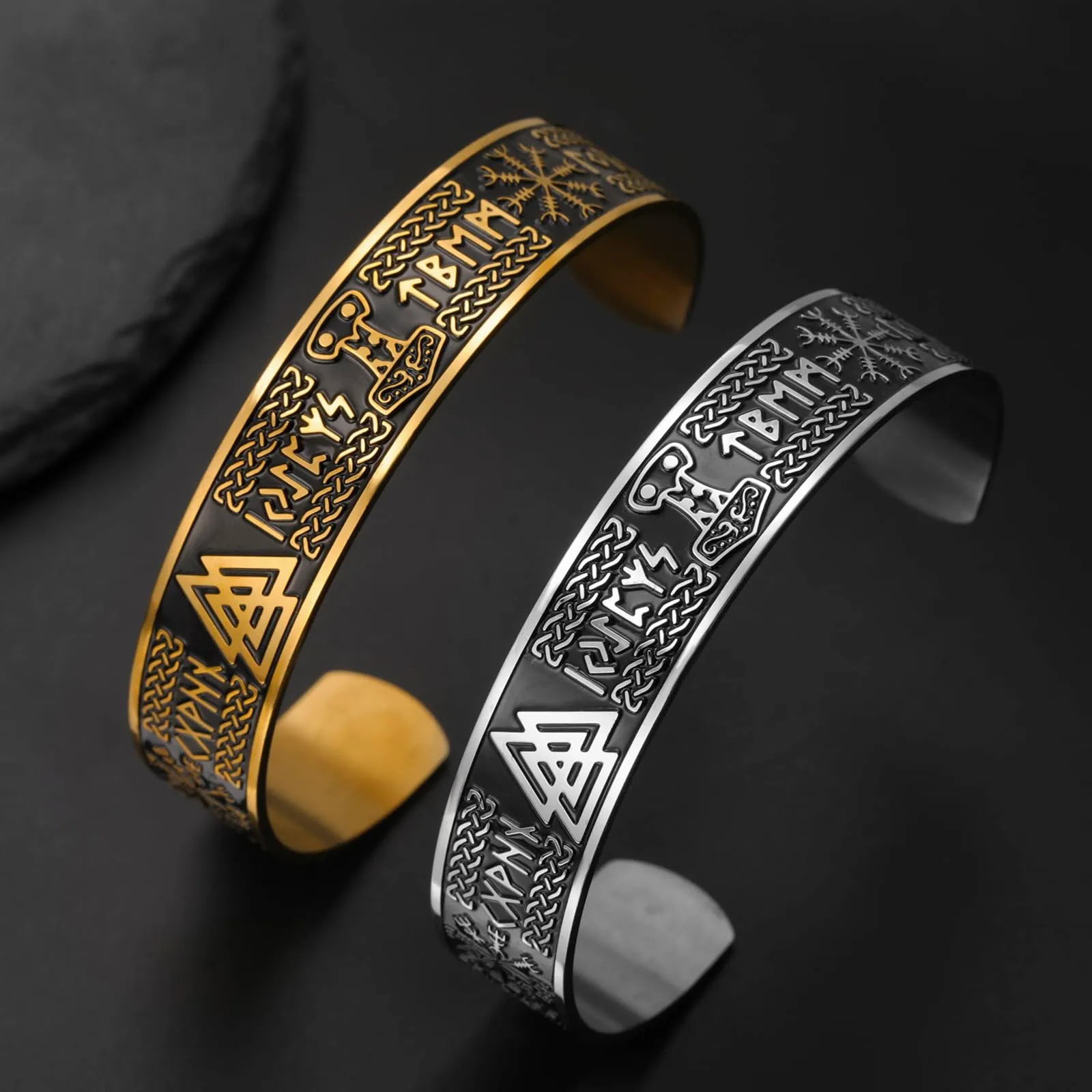 VASSAGO Bracciale Vichingo per Uomini dFonne Rune Norrene Mjolnir Vegvisir Bussola Triskele Valknut elmo di Soggezione Nodo Celtico Triquetra Amuleto Bracciale Bbangle Gioielli (Bracciale Viking-G) - immagine 6