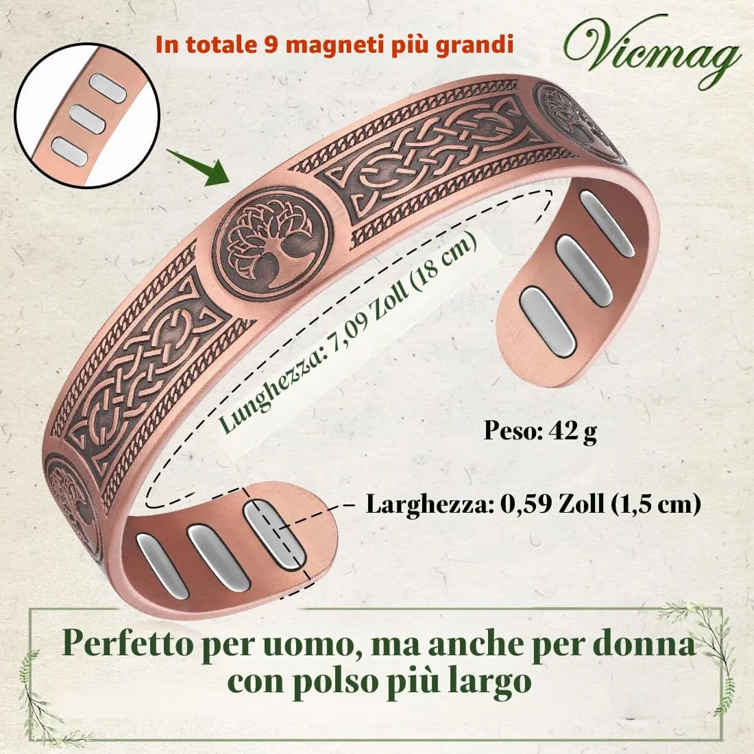 Vicmag Bracciale in rame con magneti da uomo, ultra rigido, magnetico, in rame, da uomo, 99,99% puro rame, misura regolabile, con confezione regalo, 18 cm - immagine 2