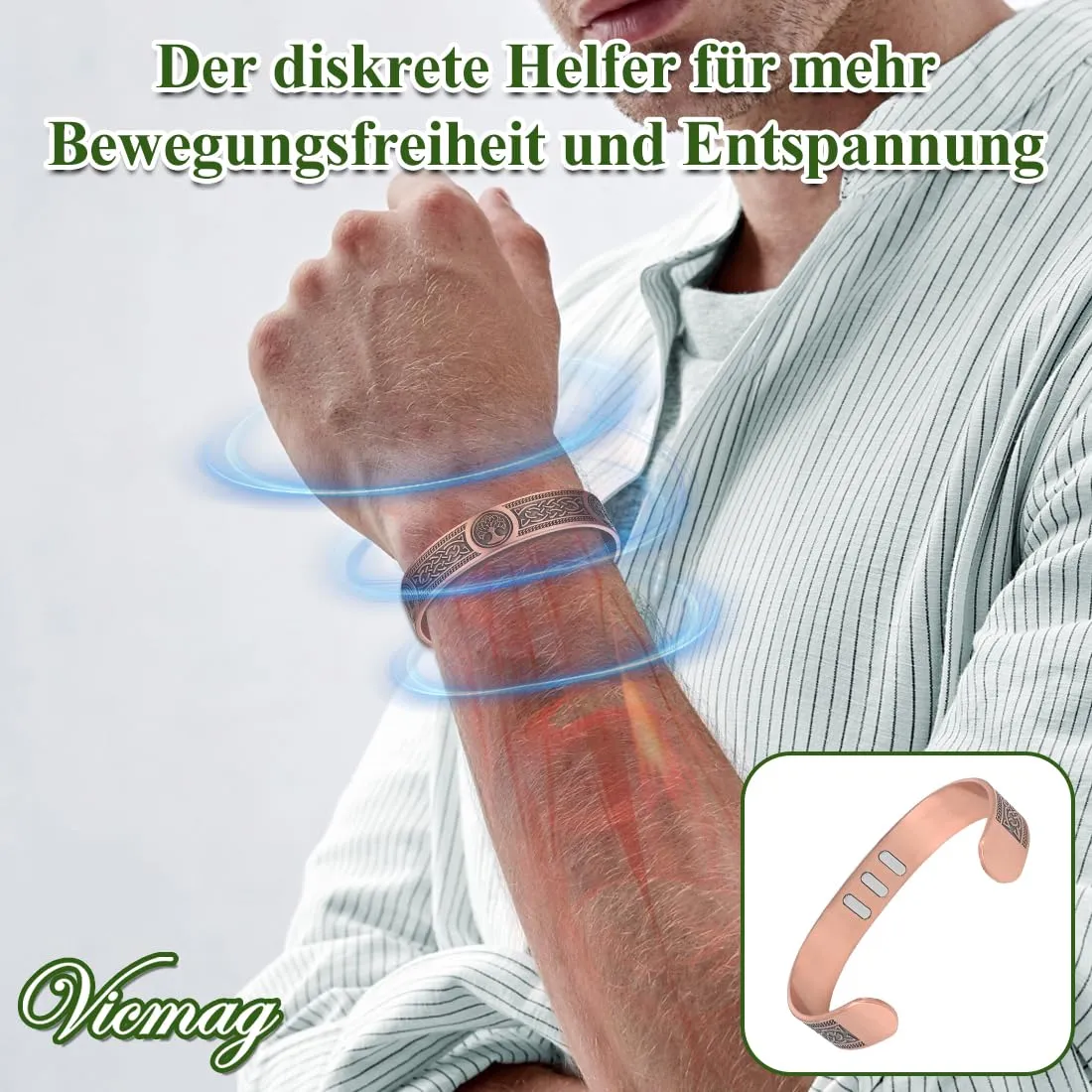 Vicmag Bracciale in rame con magneti da uomo, ultra rigido, magnetico, in rame, da uomo, 99,99% puro rame, misura regolabile, con confezione regalo, 18 cm - immagine 6