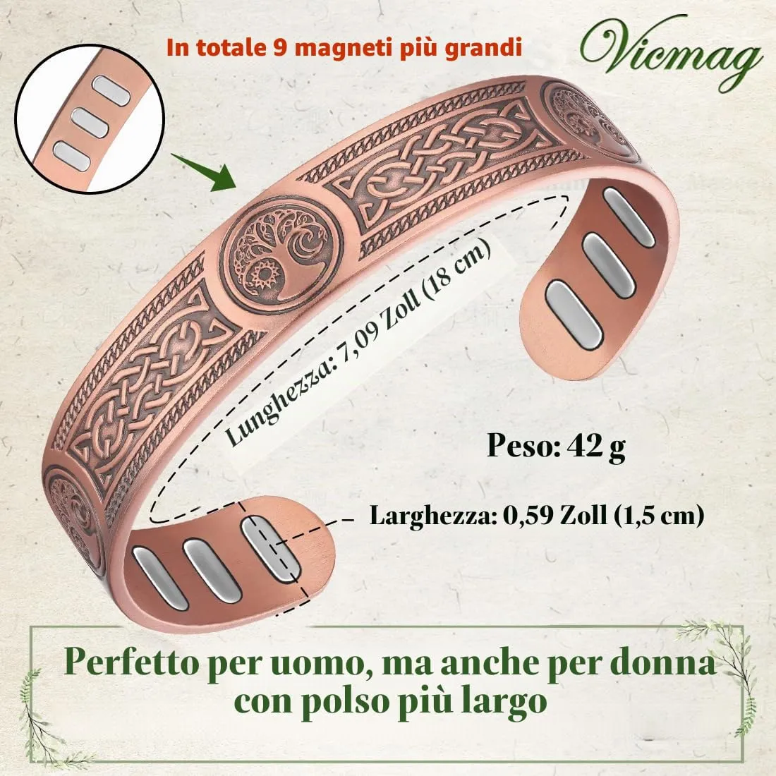 Vicmag Bracciale in rame con magneti da uomo, ultra rigido, magnetico, 99,99% rame, misura regolabile, con confezione regalo - immagine 2