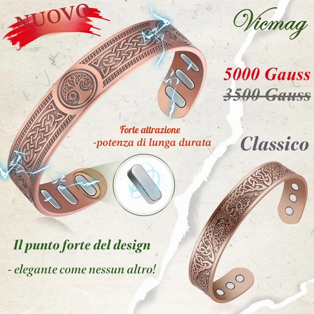 Vicmag Bracciale in rame con magneti da uomo, ultra rigido, magnetico, 99,99% rame, misura regolabile, con confezione regalo - immagine 3