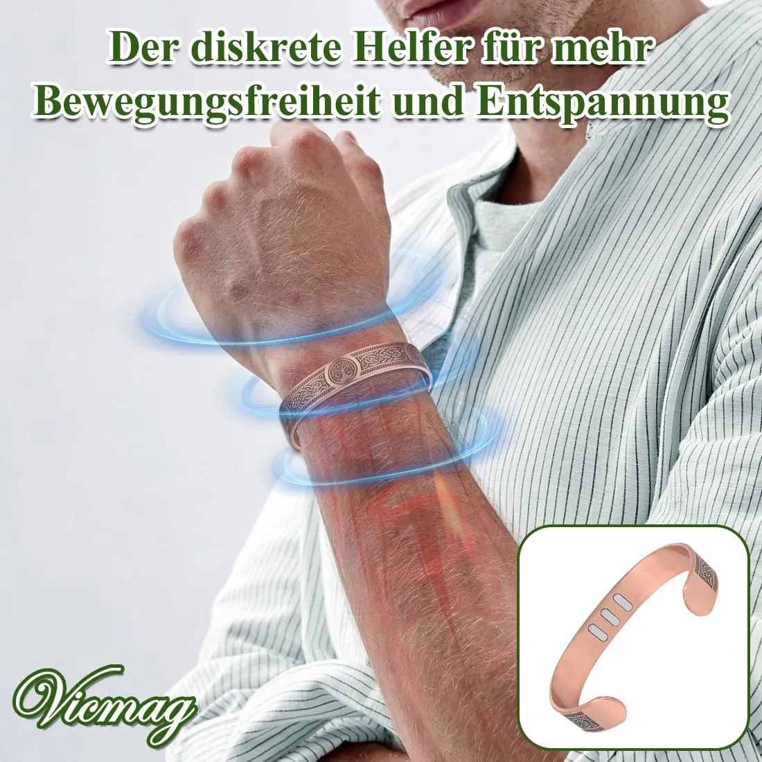 Vicmag Bracciale in rame con magneti da uomo, ultra rigido, magnetico, 99,99% rame, misura regolabile, con confezione regalo - immagine 6