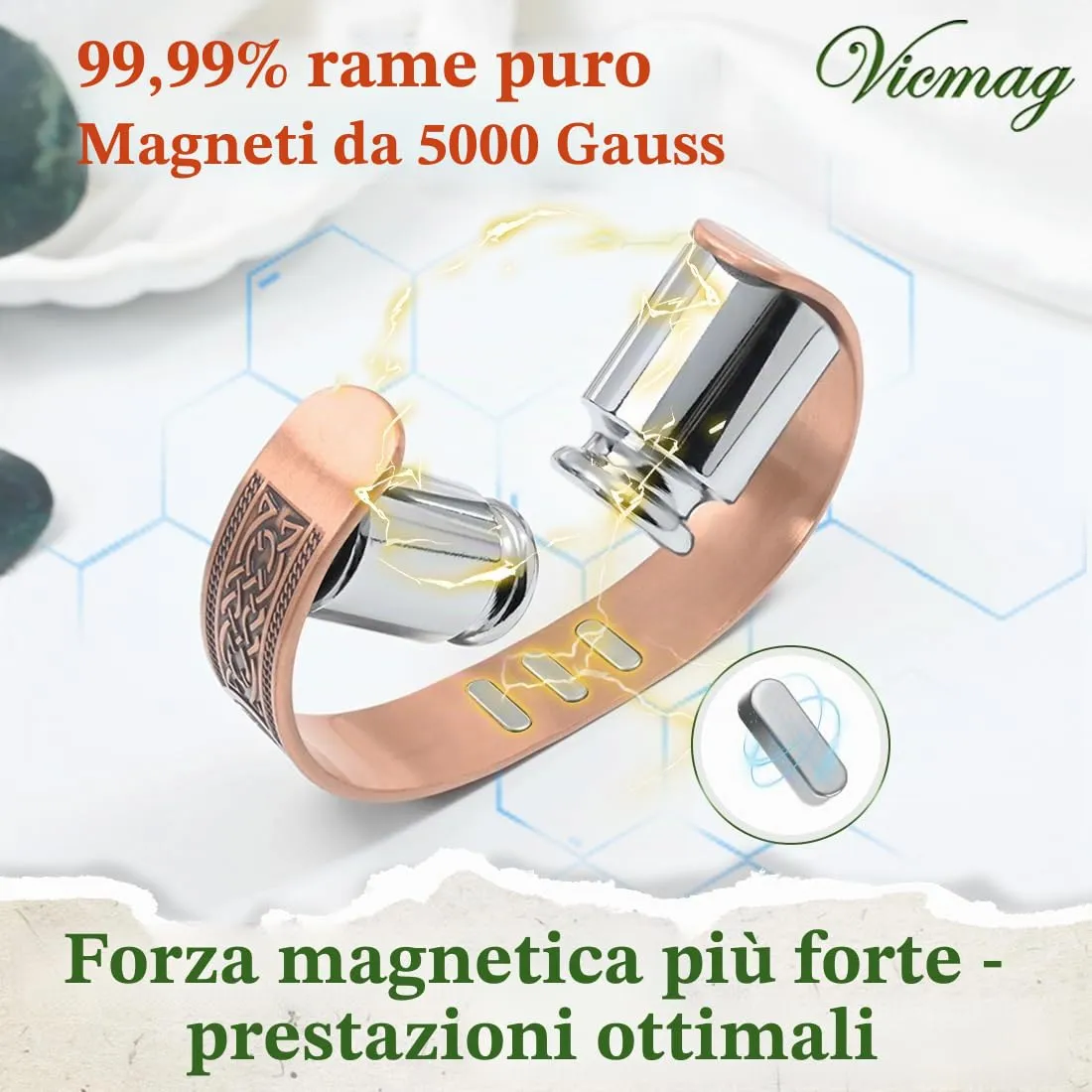 Vicmag Bracciale in rame con magneti da uomo, ultra rigido, magnetico, 99,99% rame, misura regolabile, con confezione regalo - immagine 7