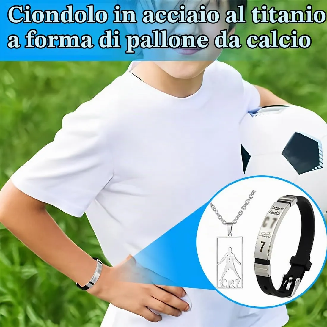 JUGUTA Cr7 Set Di Collane Con Ciondolo A Forma Di Stella Del Calcio, Regolabile, In Acciaio Inox, In Silicone, Per Uomo, Regalo Per I Tifosi Di Calcio, Acciaio Inossidabile Adjustable - immagine 3