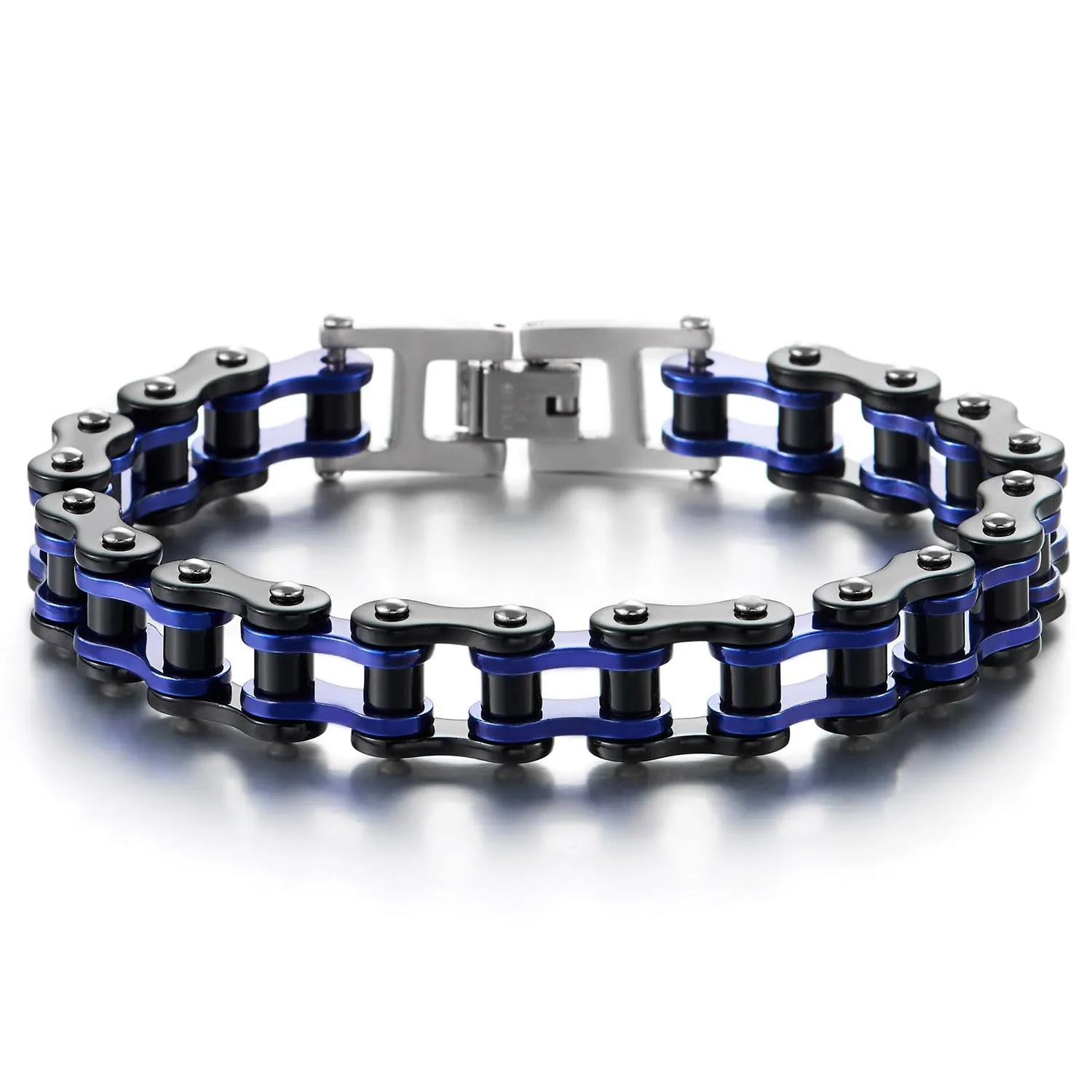 COOLSTEELANDBEYOND Classico - Bracciale da Uomo, Catena di Bicicletta, Acciaio Inossidabile, Argento Nero Blu Scuro, Lucidato a Specchio - immagine 1