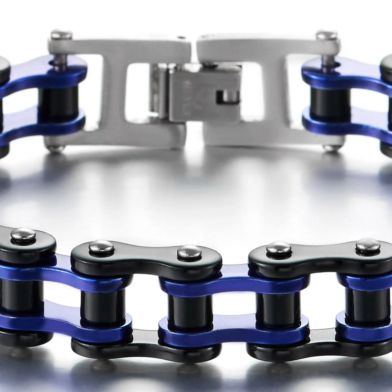 COOLSTEELANDBEYOND Classico - Bracciale da Uomo, Catena di Bicicletta, Acciaio Inossidabile, Argento Nero Blu Scuro, Lucidato a Specchio - immagine 3