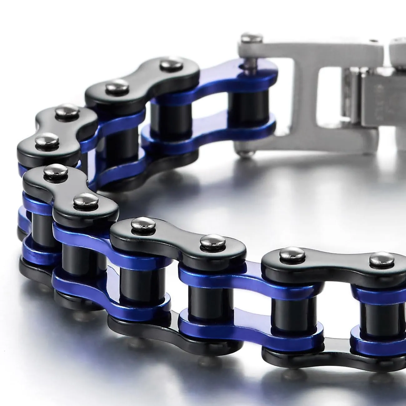 COOLSTEELANDBEYOND Classico - Bracciale da Uomo, Catena di Bicicletta, Acciaio Inossidabile, Argento Nero Blu Scuro, Lucidato a Specchio - immagine 4