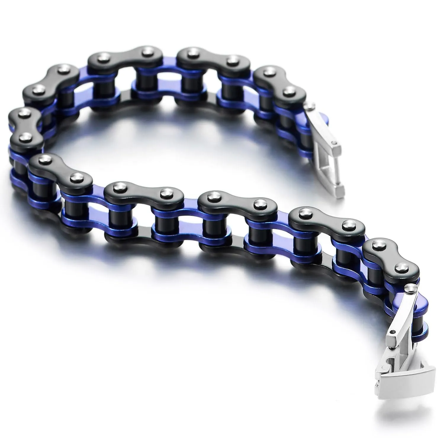 COOLSTEELANDBEYOND Classico - Bracciale da Uomo, Catena di Bicicletta, Acciaio Inossidabile, Argento Nero Blu Scuro, Lucidato a Specchio - immagine 5