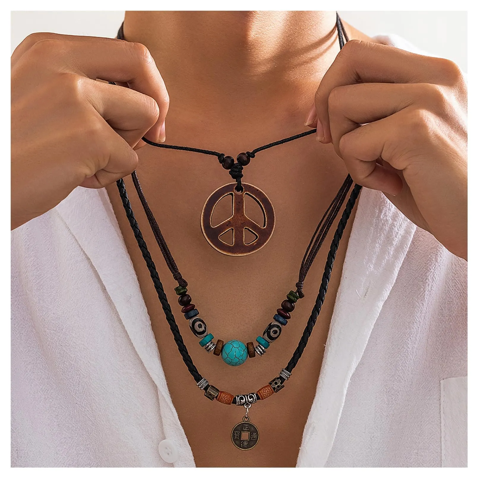 Collana a più fili con pendente a forma di simbolo della pace,Stile Hippie Anni 70, Collana da Uomo Regolabile in Corda Intrecciata, Vintage per Festival, Festa a Tema e Outfit Casual (76-87cm) - immagine 2
