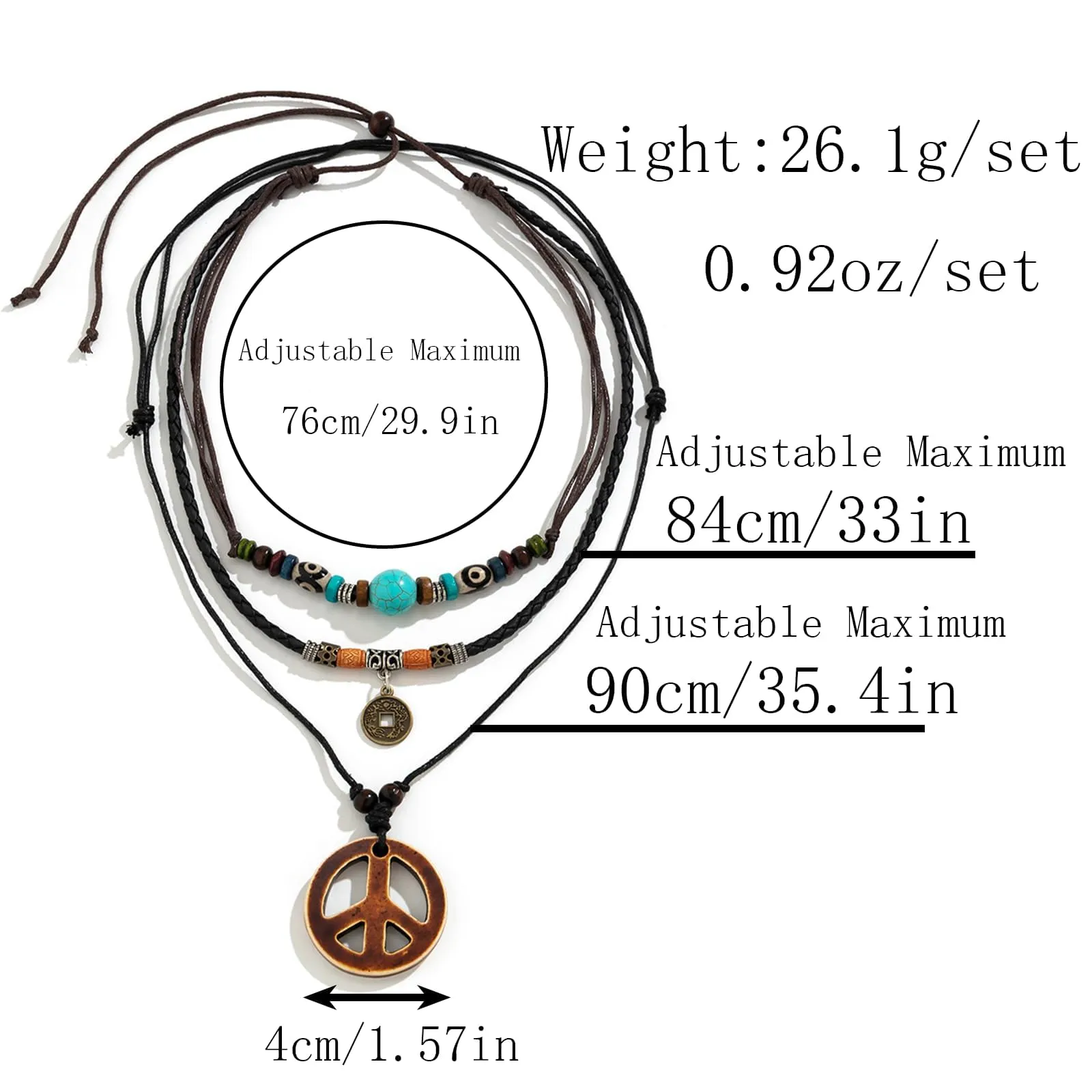 Collana a più fili con pendente a forma di simbolo della pace,Stile Hippie Anni 70, Collana da Uomo Regolabile in Corda Intrecciata, Vintage per Festival, Festa a Tema e Outfit Casual (76-87cm) - immagine 4