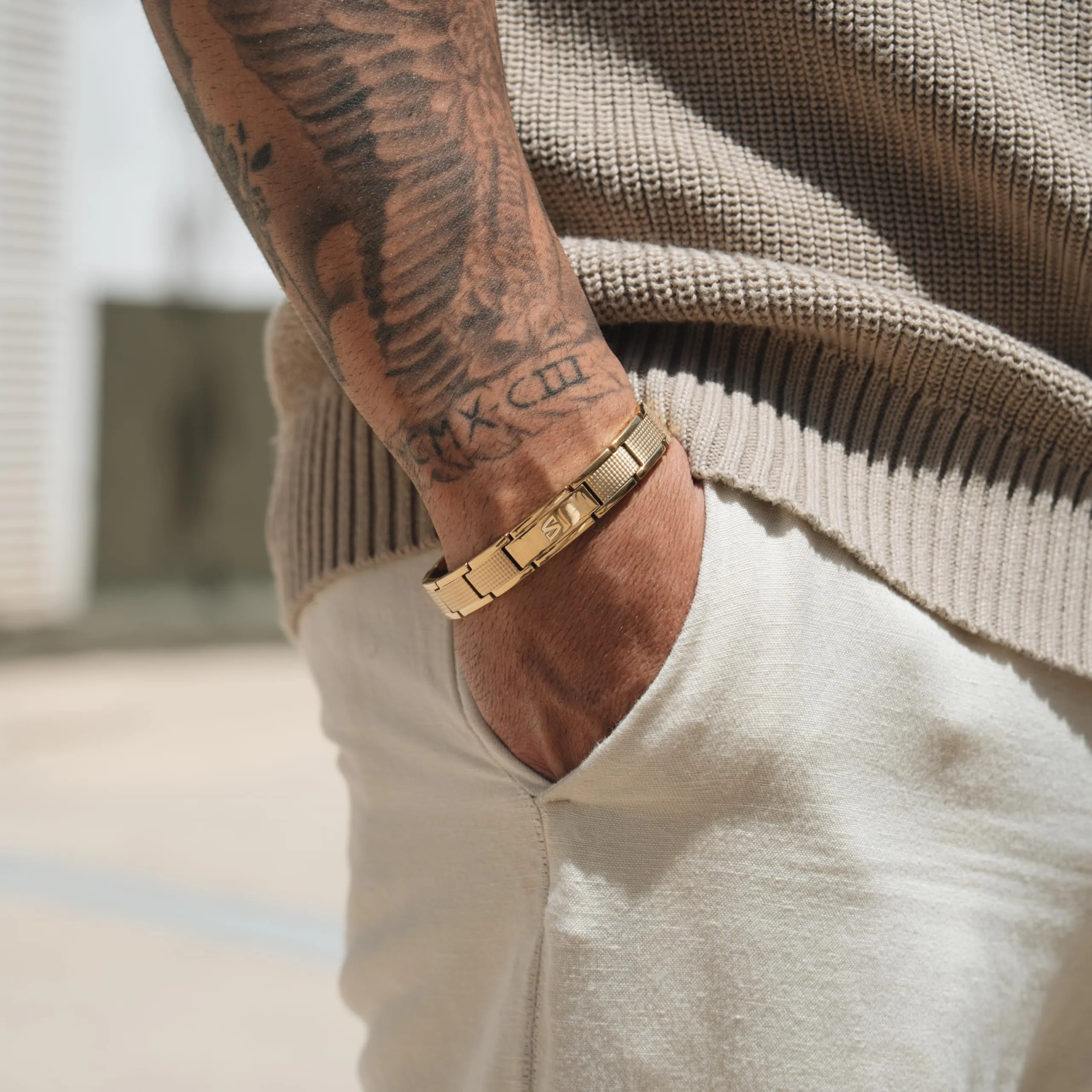 SERASAR Bracciale Uomo Acciaio Inossidabile Regalo Oro Moda Festa Papa 23cm - immagine 4
