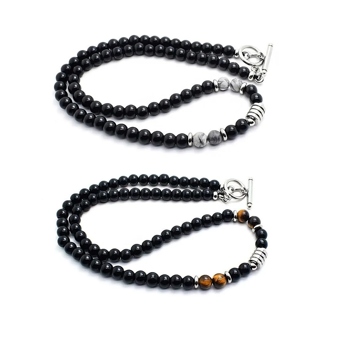 IBXWMNG Set di 2 Collana uomo Collana con perle di ossidiana da uomo con Occhio di Tigre e Diaspro Collana da uomo in pietre naturali - immagine 1