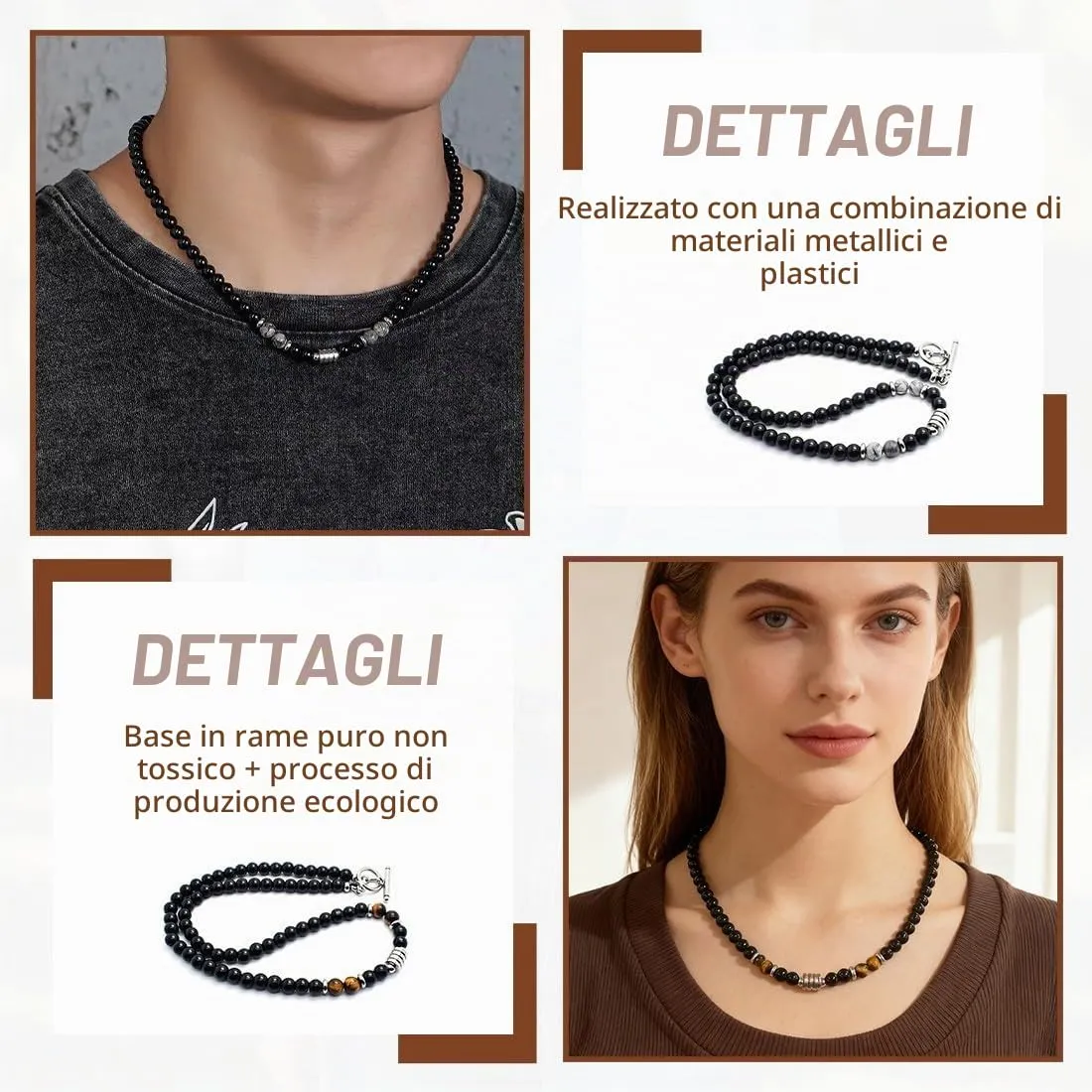 IBXWMNG Set di 2 Collana uomo Collana con perle di ossidiana da uomo con Occhio di Tigre e Diaspro Collana da uomo in pietre naturali - immagine 2