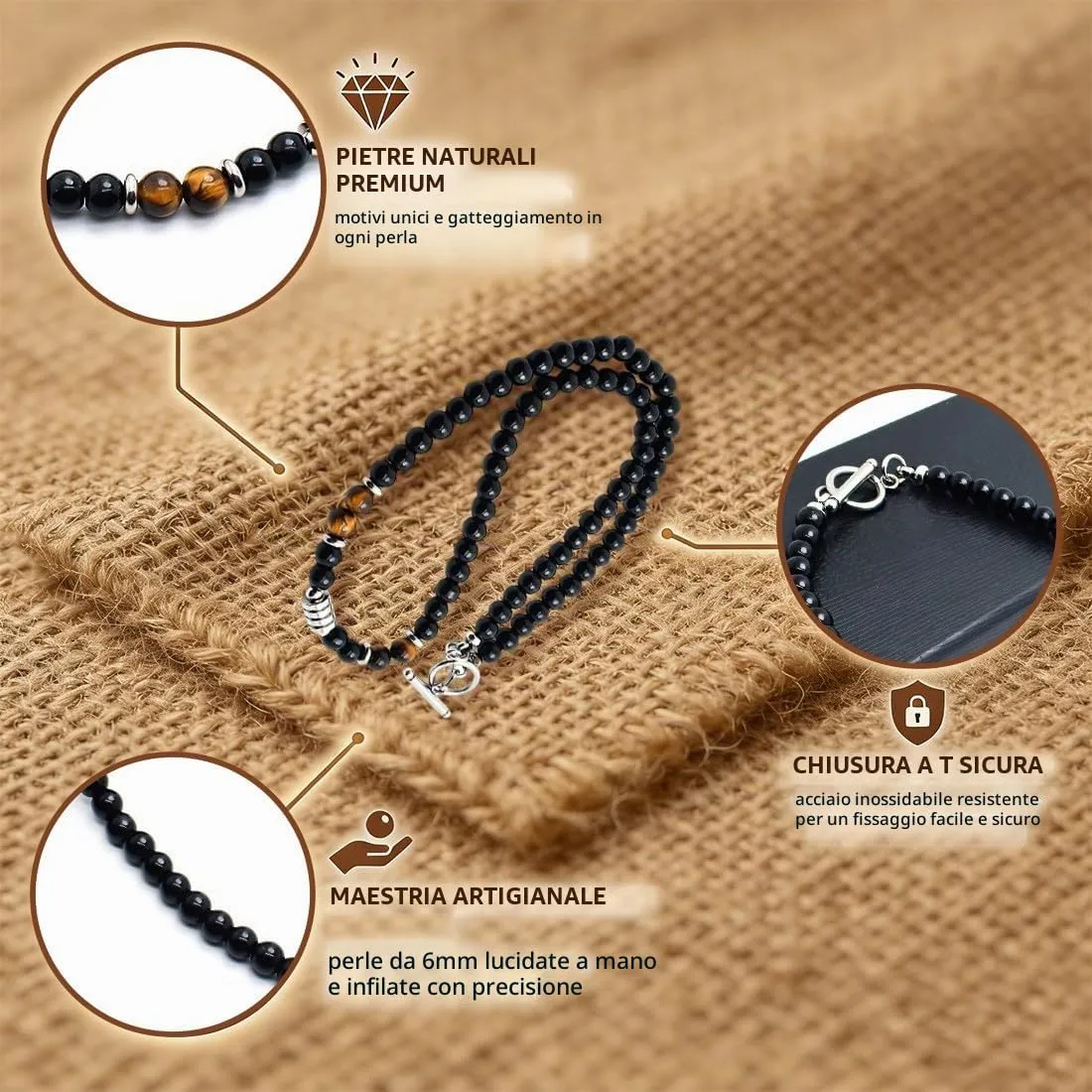 IBXWMNG Set di 2 Collana uomo Collana con perle di ossidiana da uomo con Occhio di Tigre e Diaspro Collana da uomo in pietre naturali - immagine 3