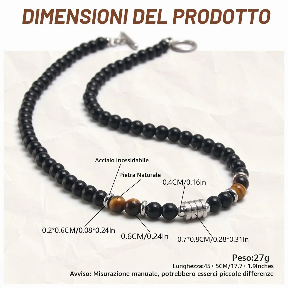 IBXWMNG Set di 2 Collana uomo Collana con perle di ossidiana da uomo con Occhio di Tigre e Diaspro Collana da uomo in pietre naturali - immagine 4