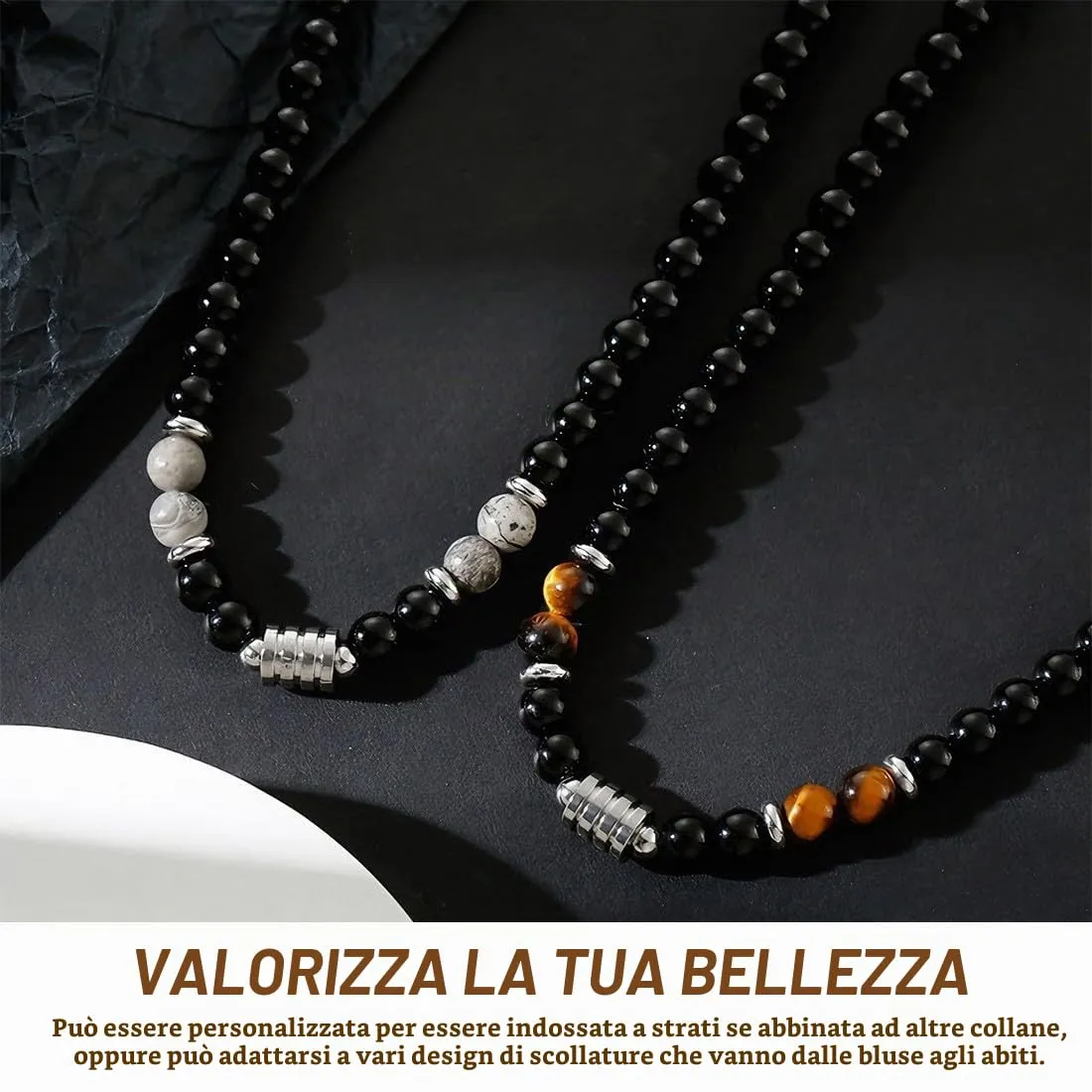 IBXWMNG Set di 2 Collana uomo Collana con perle di ossidiana da uomo con Occhio di Tigre e Diaspro Collana da uomo in pietre naturali - immagine 5
