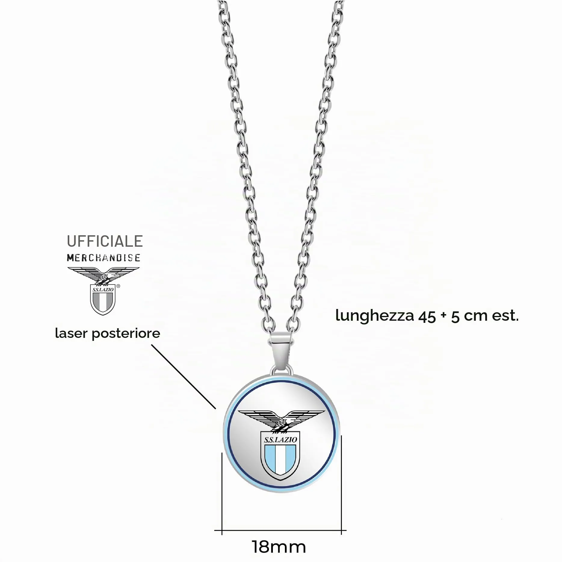 Collana Uomo Donna Lazio in Acciaio Inossidabile – Prodotto Ufficiale Calcio – Gioiello con Logo – Idea Regalo Elegante per Tifosi Biancoceleste – Ragazzo e Ragazza (Round Pendant Necklace Classic) - immagine 2
