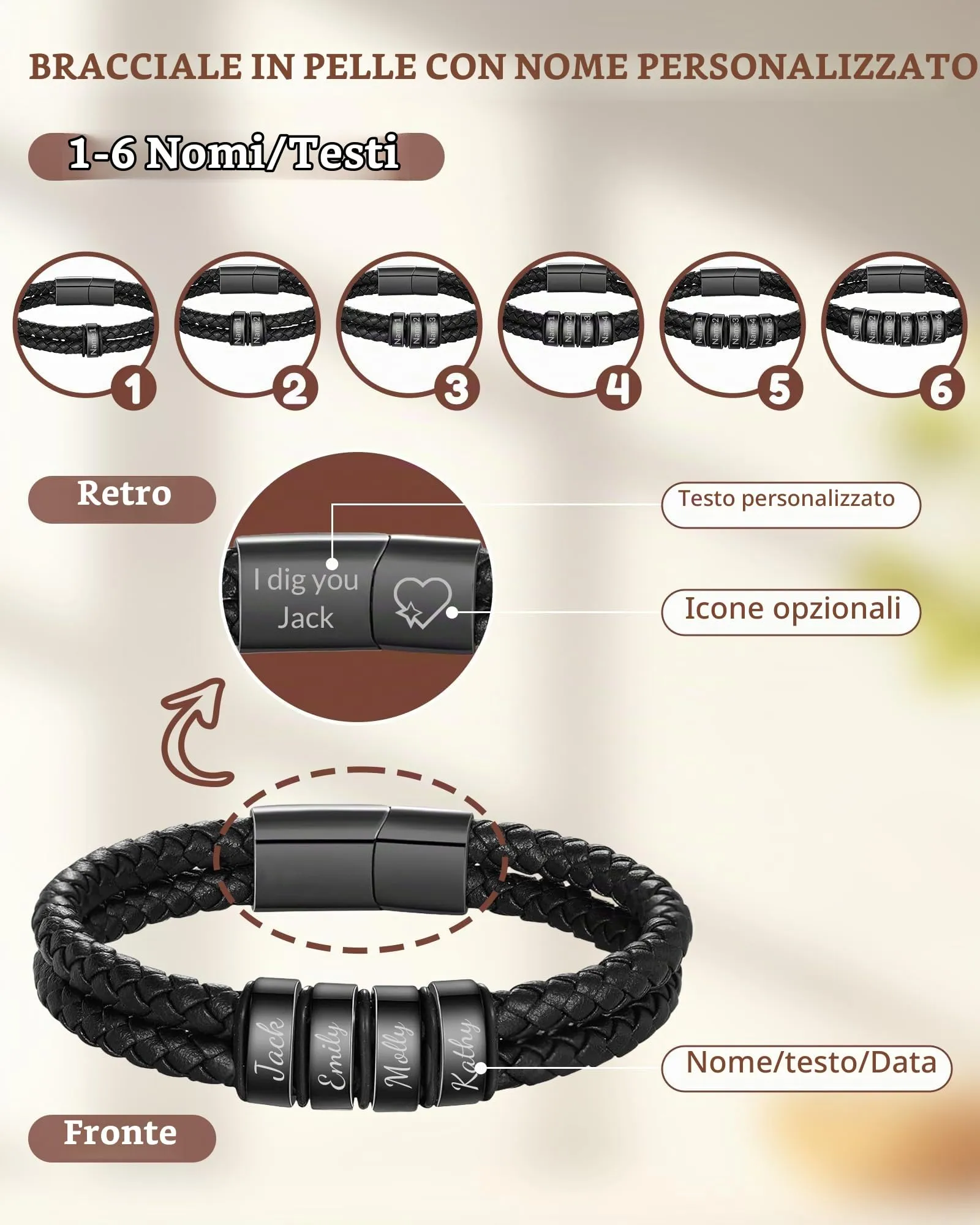 Bracciale In Pelle Personalizzato Con Nome Per Uomo, Bracciale In Pelle Custom Inciso Con 1 Fino A 6 Nomi, Per Natale San Valentino Festa Del Papà Anniversario Adatto Per Fidanzato E Nonno (Nero 1) - immagine 2