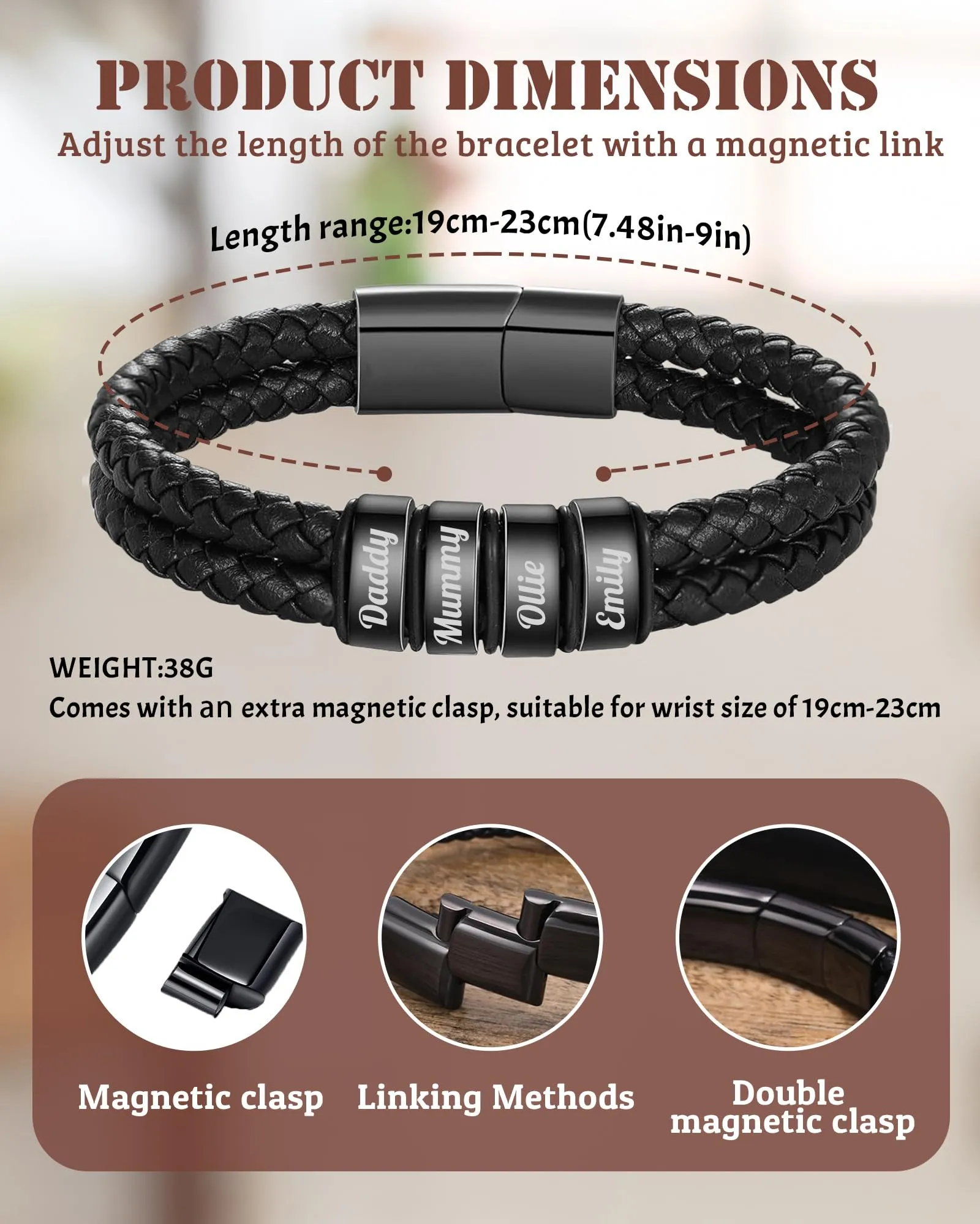 Bracciale In Pelle Personalizzato Con Nome Per Uomo, Bracciale In Pelle Custom Inciso Con 1 Fino A 6 Nomi, Per Natale San Valentino Festa Del Papà Anniversario Adatto Per Fidanzato E Nonno (Nero 1) - immagine 3