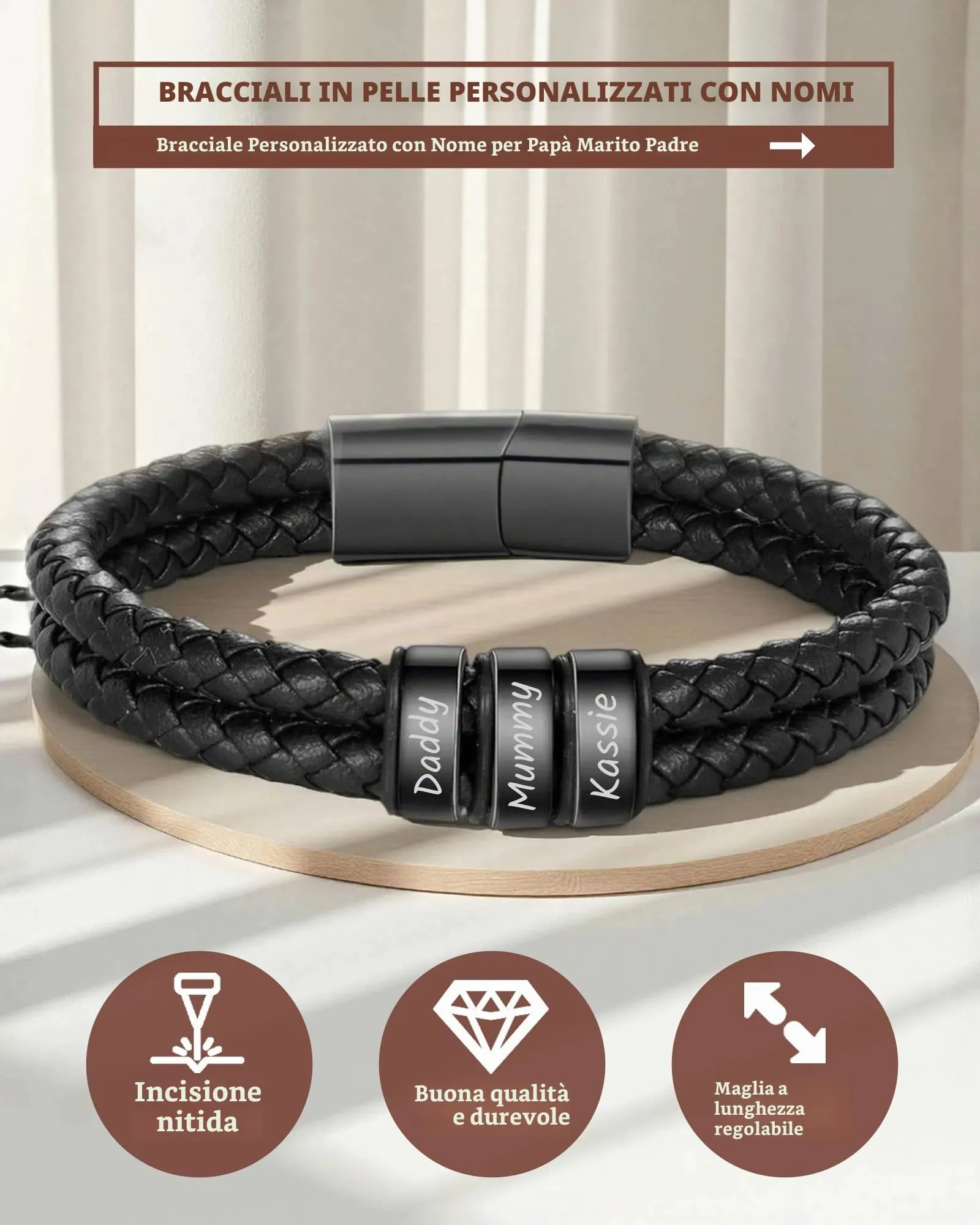 Bracciale In Pelle Personalizzato Con Nome Per Uomo, Bracciale In Pelle Custom Inciso Con 1 Fino A 6 Nomi, Per Natale San Valentino Festa Del Papà Anniversario Adatto Per Fidanzato E Nonno (Nero 1) - immagine 4