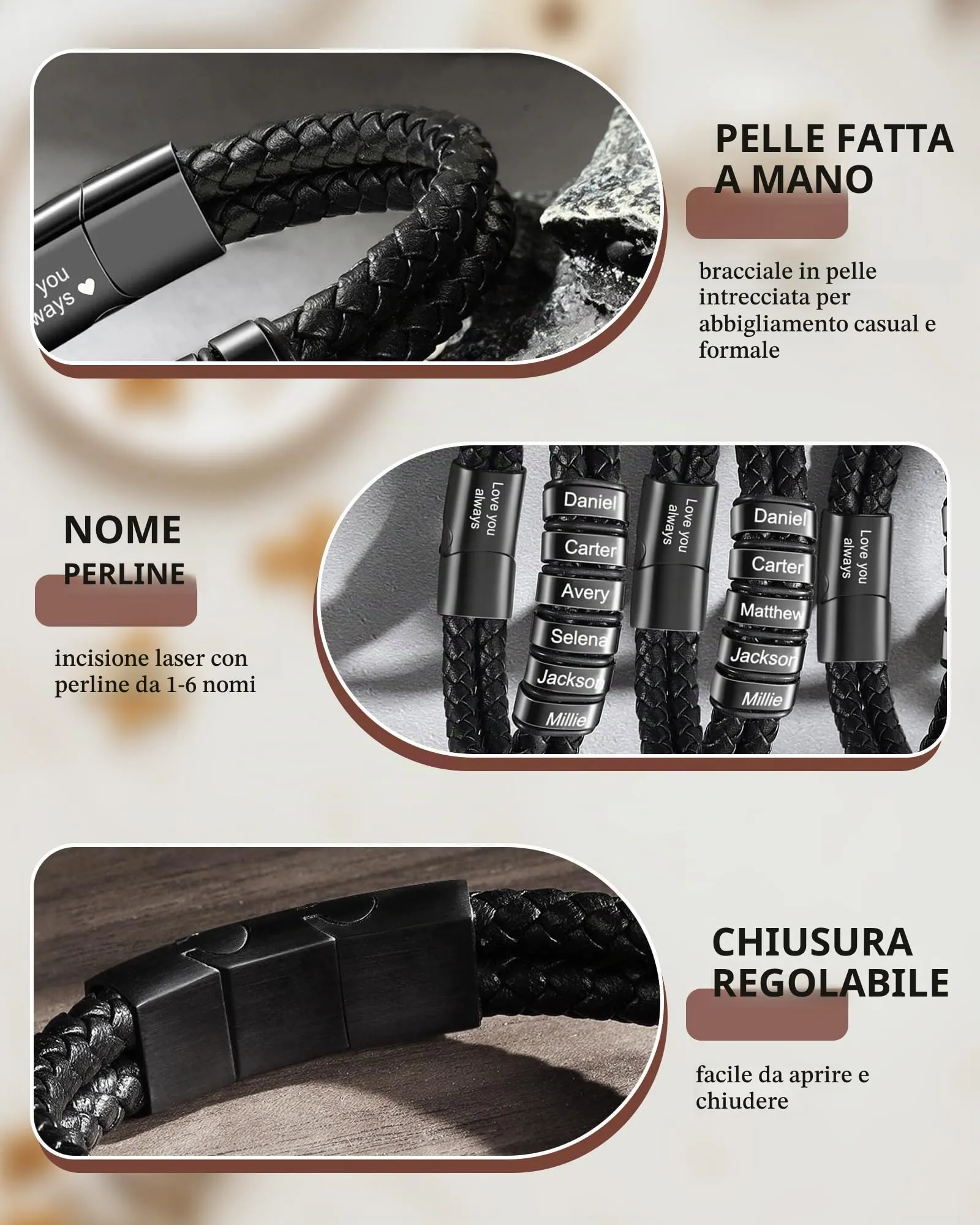 Bracciale In Pelle Personalizzato Con Nome Per Uomo, Bracciale In Pelle Custom Inciso Con 1 Fino A 6 Nomi, Per Natale San Valentino Festa Del Papà Anniversario Adatto Per Fidanzato E Nonno (Nero 1) - immagine 6