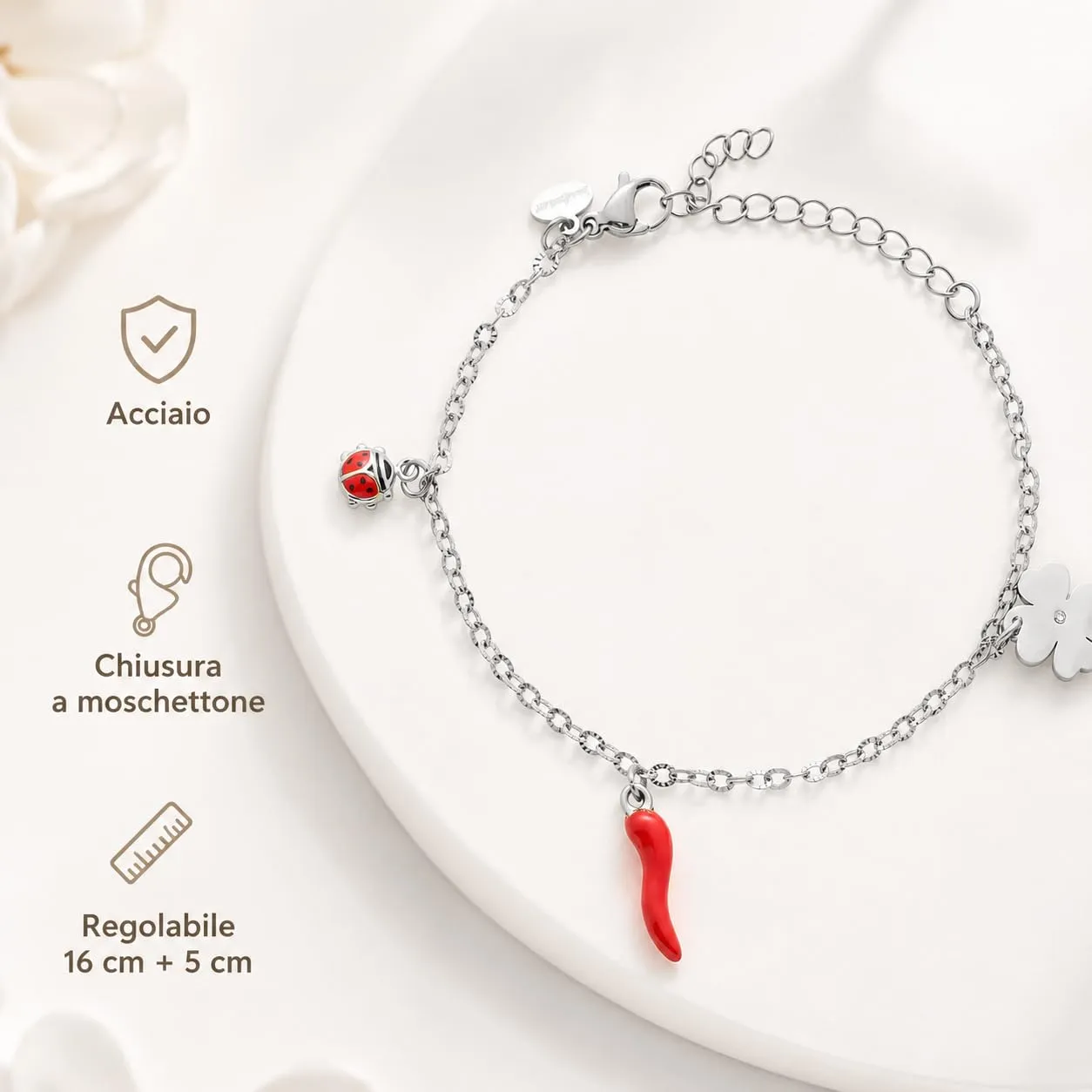 Louis Ciocchetti Bracciale in Acciaio con Corno Portafortuna – Bracciale Regolabile Uomo e Donna con Chiusura a Moschettone, Lunghezza 16 cm + 5 cm - immagine 6