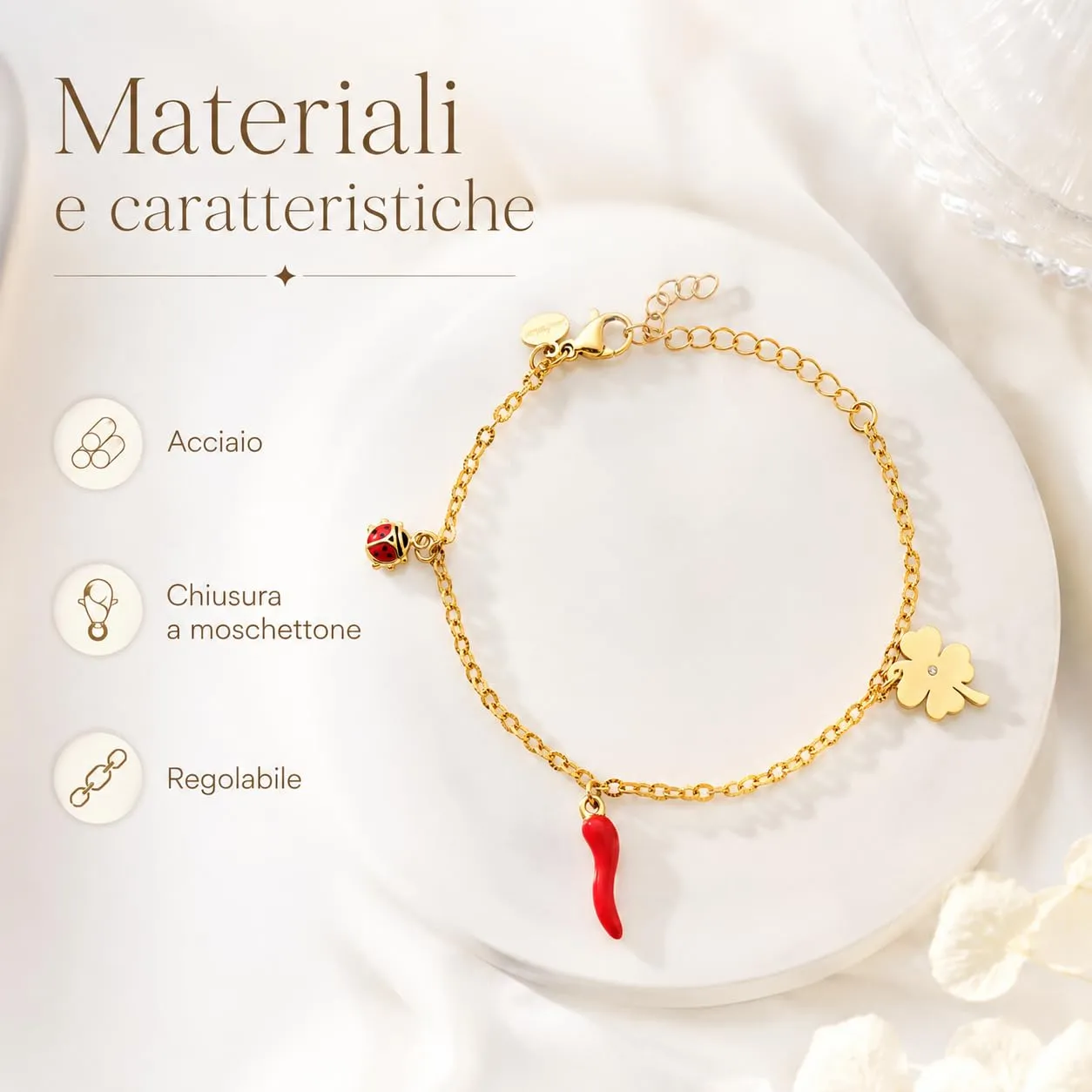 Louis Ciocchetti Bracciale in Acciaio con Corno Portafortuna – Bracciale Regolabile Uomo e Donna con Chiusura a Moschettone, Lunghezza 16 cm + 5 cm - immagine 6