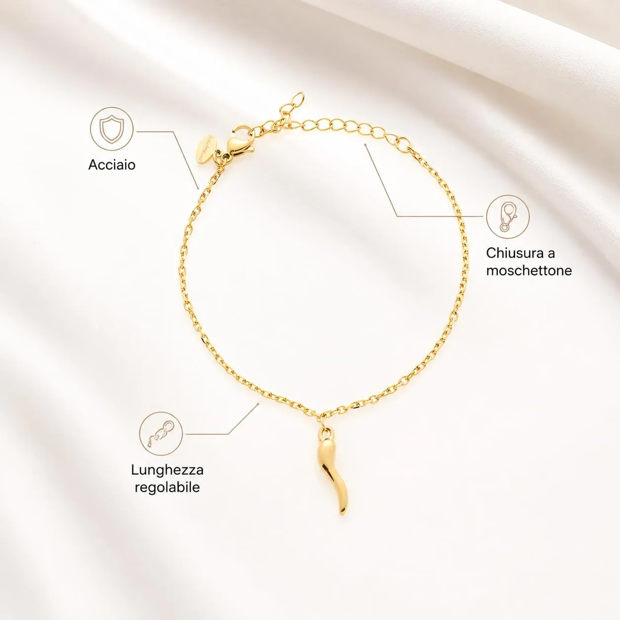 Louis Ciocchetti Bracciale in Acciaio con Corno Portafortuna – Bracciale Regolabile Uomo e Donna con Chiusura a Moschettone, Lunghezza 16 cm + 5 cm - immagine 6