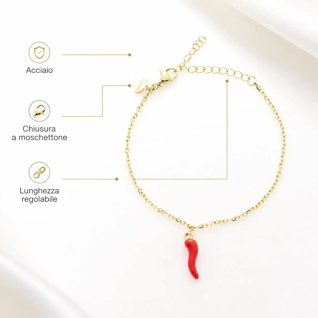 Louis Ciocchetti Bracciale in Acciaio con Corno Portafortuna – Bracciale Regolabile Uomo e Donna con Chiusura a Moschettone, Lunghezza 16 cm + 5 cm - immagine 5
