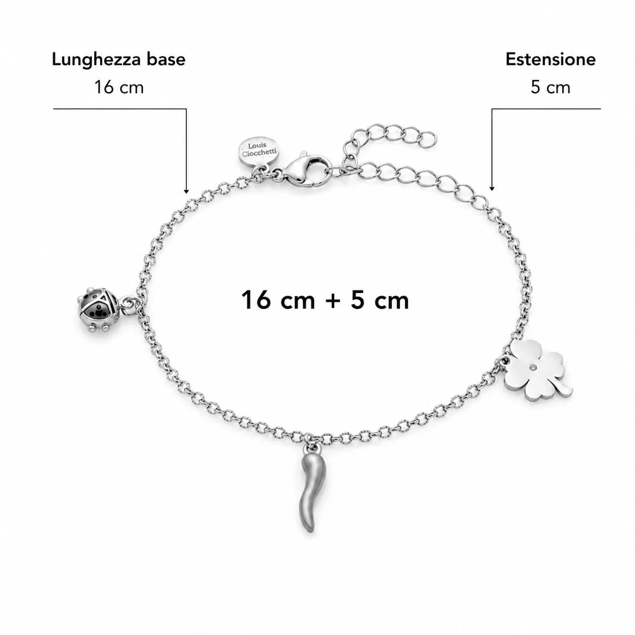 Louis Ciocchetti Bracciale in Acciaio con Corno Portafortuna – Bracciale Regolabile Uomo e Donna con Chiusura a Moschettone, Lunghezza 16 cm + 5 cm - immagine 4