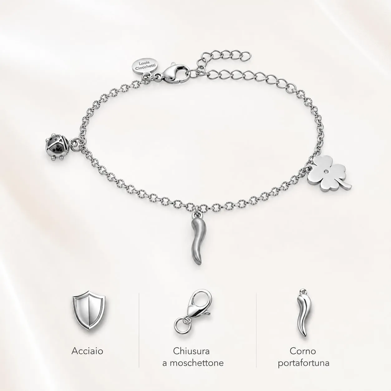Louis Ciocchetti Bracciale in Acciaio con Corno Portafortuna – Bracciale Regolabile Uomo e Donna con Chiusura a Moschettone, Lunghezza 16 cm + 5 cm - immagine 5