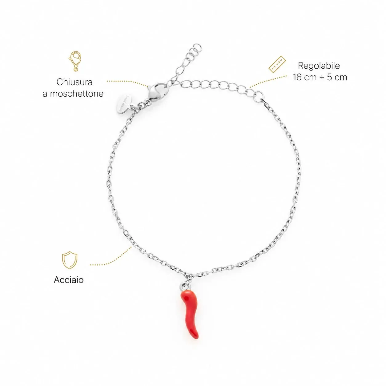 Louis Ciocchetti Bracciale in Acciaio con Corno Portafortuna – Bracciale Regolabile Uomo e Donna con Chiusura a Moschettone, Lunghezza 16 cm + 5 cm - immagine 7