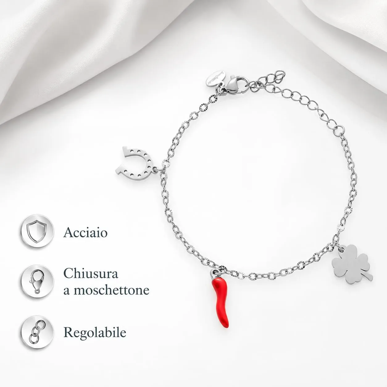 Louis Ciocchetti Bracciale in Acciaio con Corno Portafortuna – Bracciale Regolabile Uomo e Donna con Chiusura a Moschettone, Lunghezza 16 cm + 5 cm - immagine 5