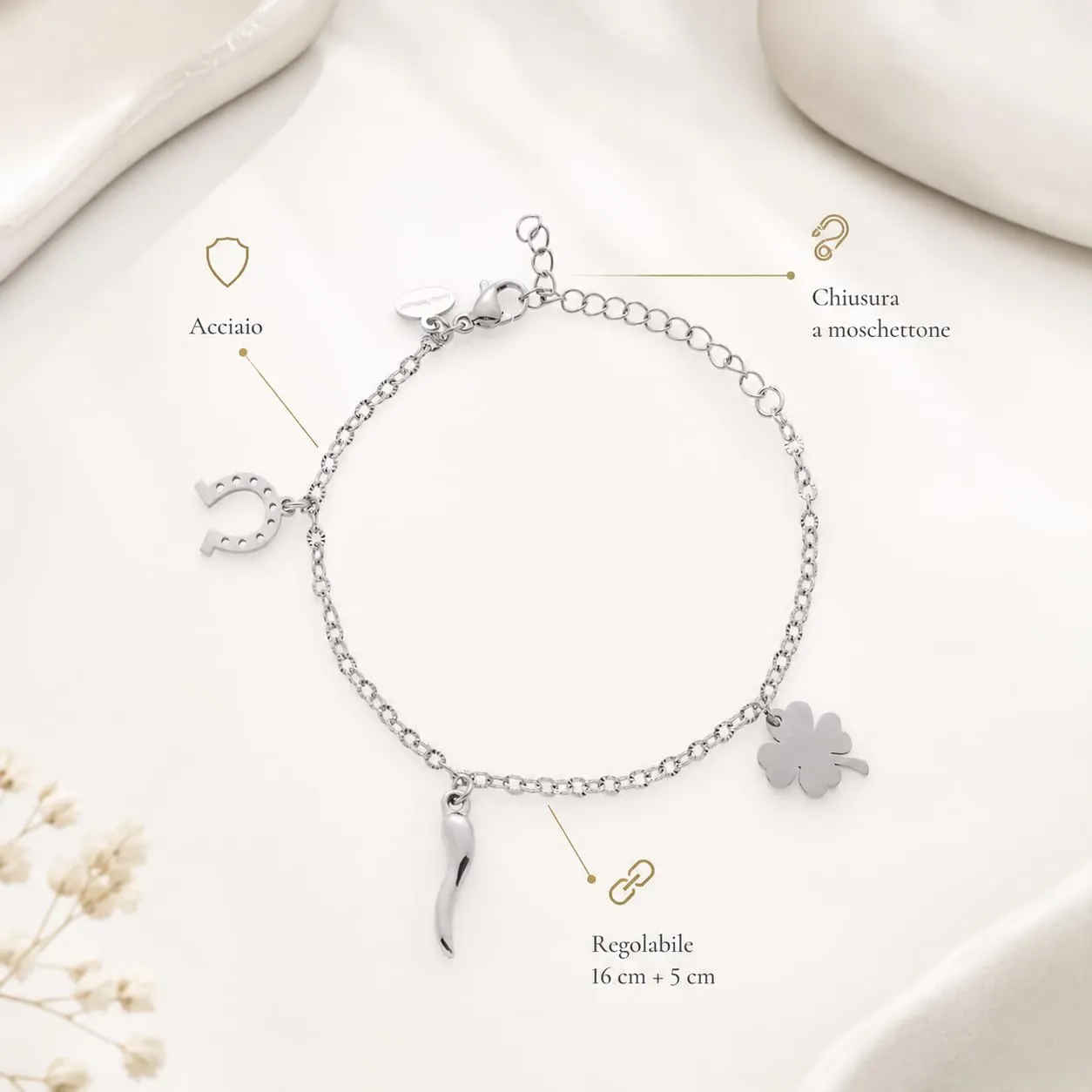 Louis Ciocchetti Bracciale in Acciaio con Corno Portafortuna – Bracciale Regolabile Uomo e Donna con Chiusura a Moschettone, Lunghezza 16 cm + 5 cm - immagine 6