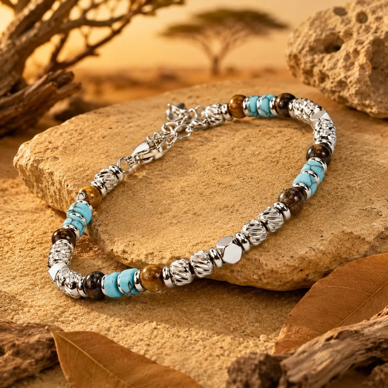 SAGA GIOIELLI Bracciale Uomo Acciaio Inossidabile con Pietre Naturali, Braccialetto Elegante Regolabile 17,5 + 3,5 cm, Idea Regalo Uomo (TURCHESE SAFARI) - immagine 3