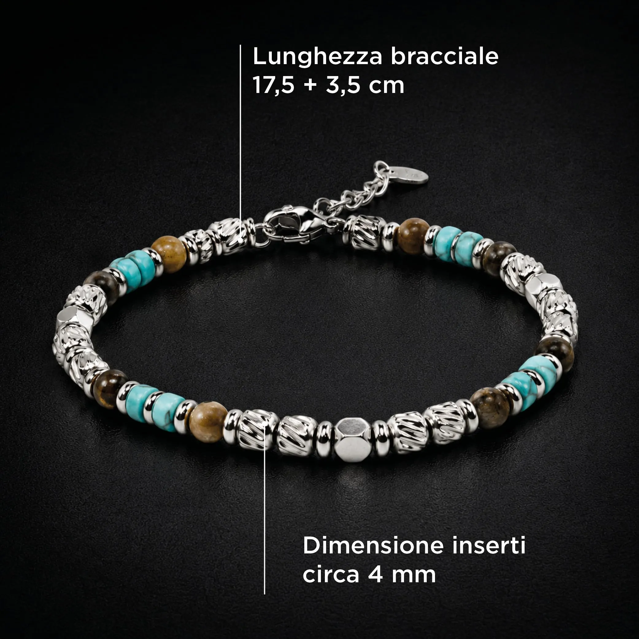 SAGA GIOIELLI Bracciale Uomo Acciaio Inossidabile con Pietre Naturali, Braccialetto Elegante Regolabile 17,5 + 3,5 cm, Idea Regalo Uomo (TURCHESE SAFARI) - immagine 4