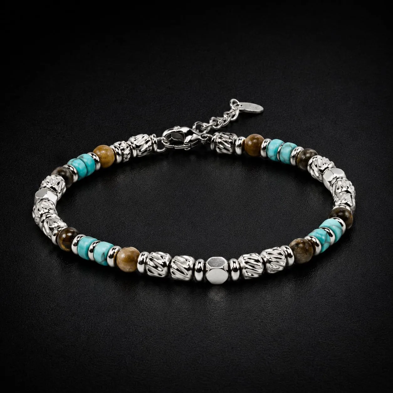 SAGA GIOIELLI Bracciale Uomo Acciaio Inossidabile con Pietre Naturali, Braccialetto Elegante Regolabile 17,5 + 3,5 cm, Idea Regalo Uomo (TURCHESE SAFARI) - immagine 5