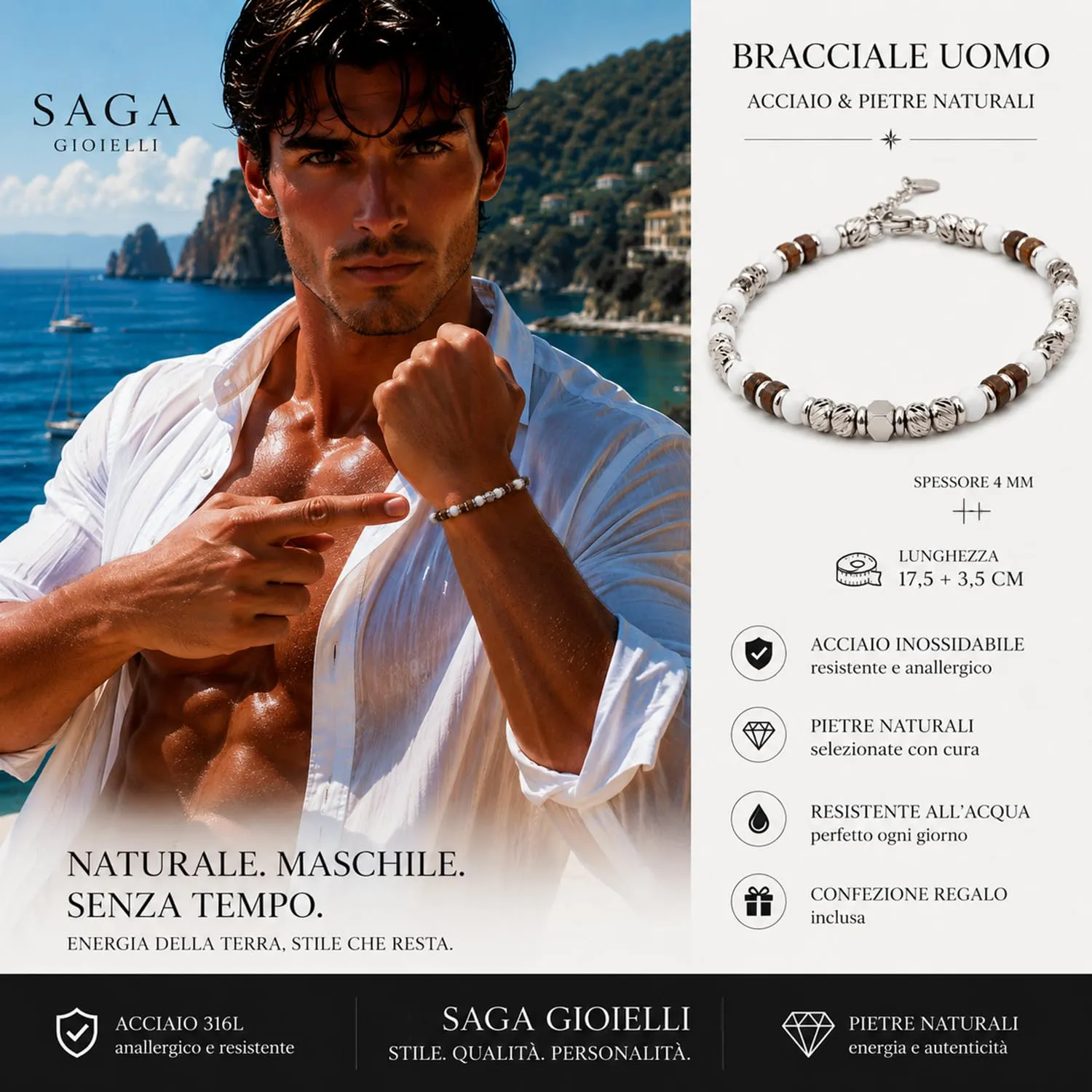 SAGA GIOIELLI Bracciale Uomo Acciaio Inossidabile con Pietre Naturali, Braccialetto Elegante Regolabile 17,5 + 3,5 cm, Idea Regalo Uomo (AURORA MARINA) - immagine 2