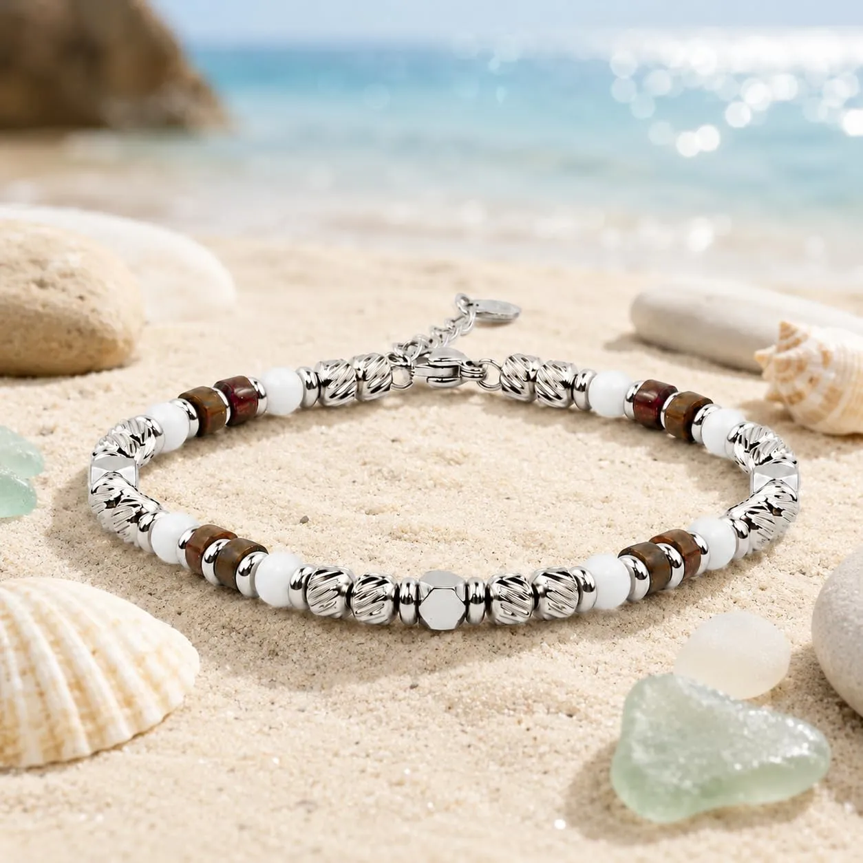 SAGA GIOIELLI Bracciale Uomo Acciaio Inossidabile con Pietre Naturali, Braccialetto Elegante Regolabile 17,5 + 3,5 cm, Idea Regalo Uomo (AURORA MARINA) - immagine 3