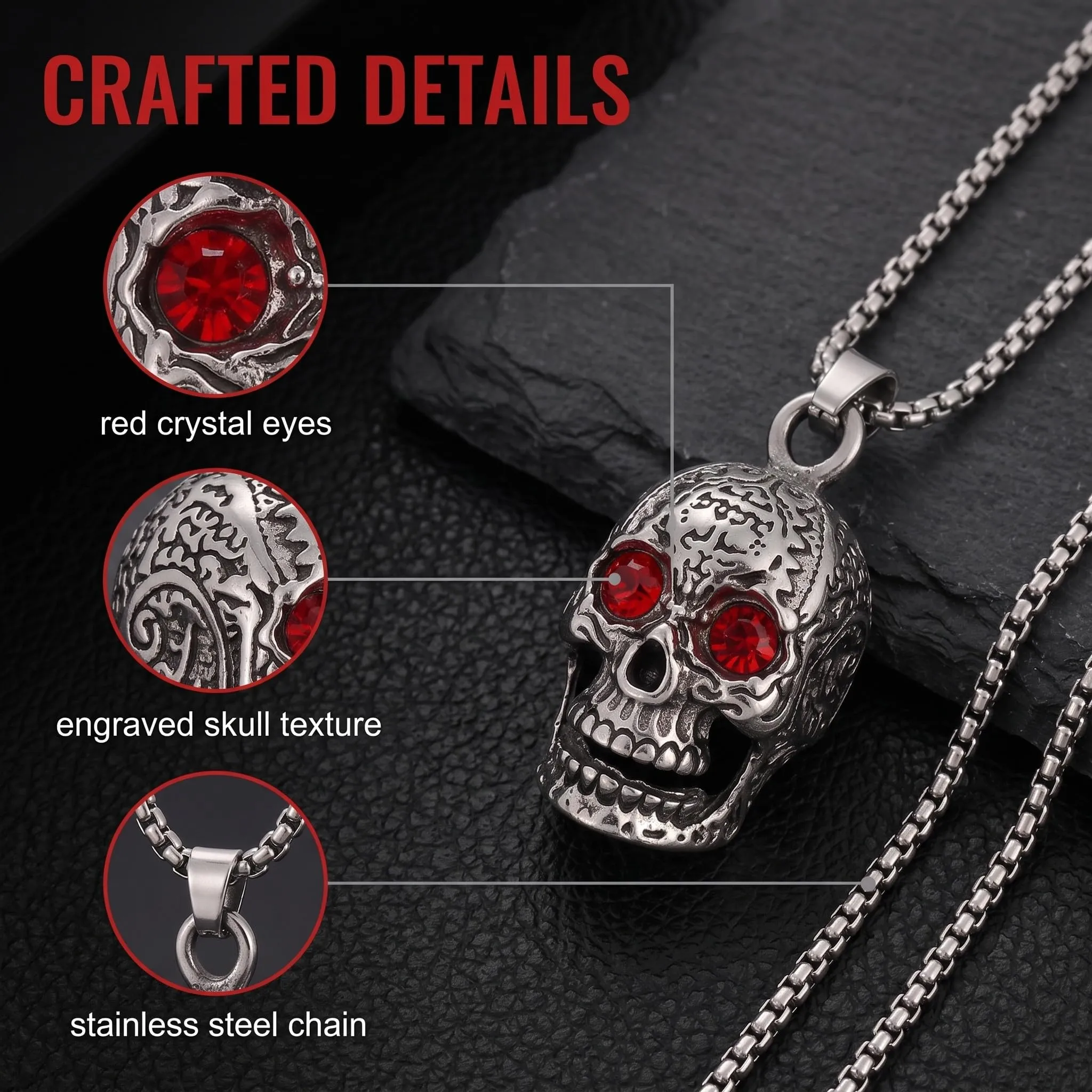 QALPOM Collana Uomo con Ciondolo a Teschio in Acciaio Inossidabile, Pendente Gotico con Occhi in Cristallo Rosso, Catenina da 60cm, Regalo per Compleanno, Halloween e Natale - immagine 4